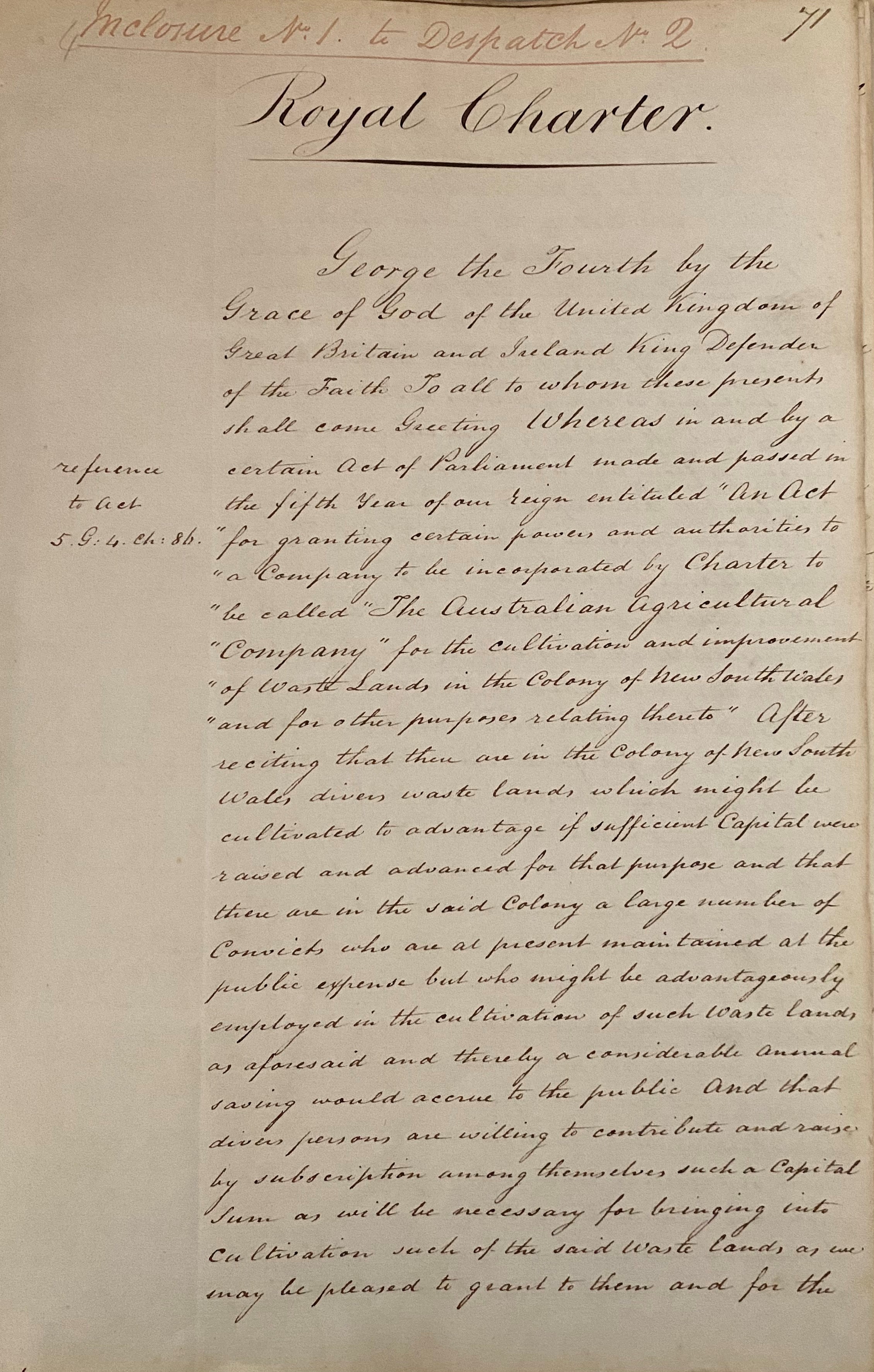 Copy of the Australian Agricultural Company Royal Charter recorded in a Company despatch, 1824 (78-9-1).  