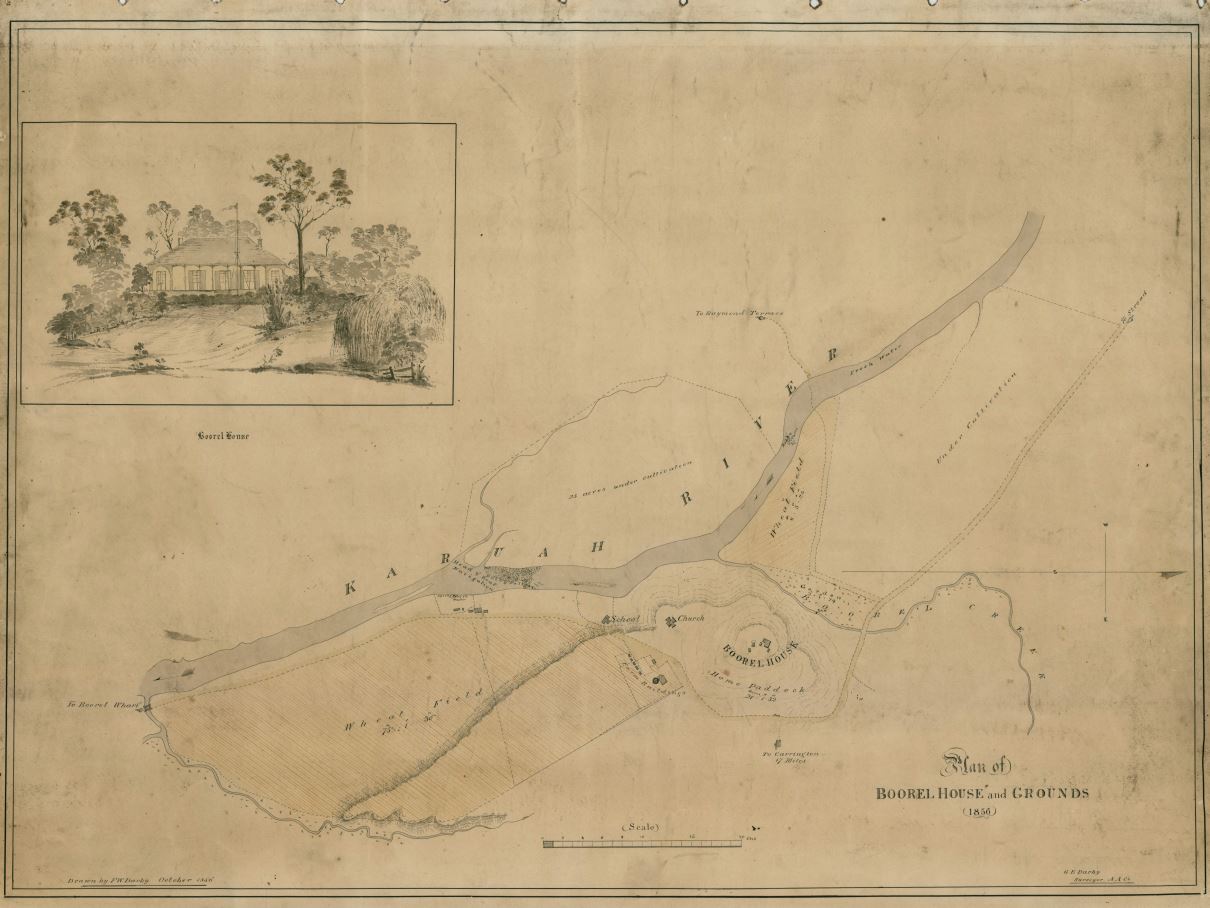 Map of Booral House and grounds, Port Stephens Estate, 1856. Drawn by Australian Agricultural Company surveyor George Darby. 