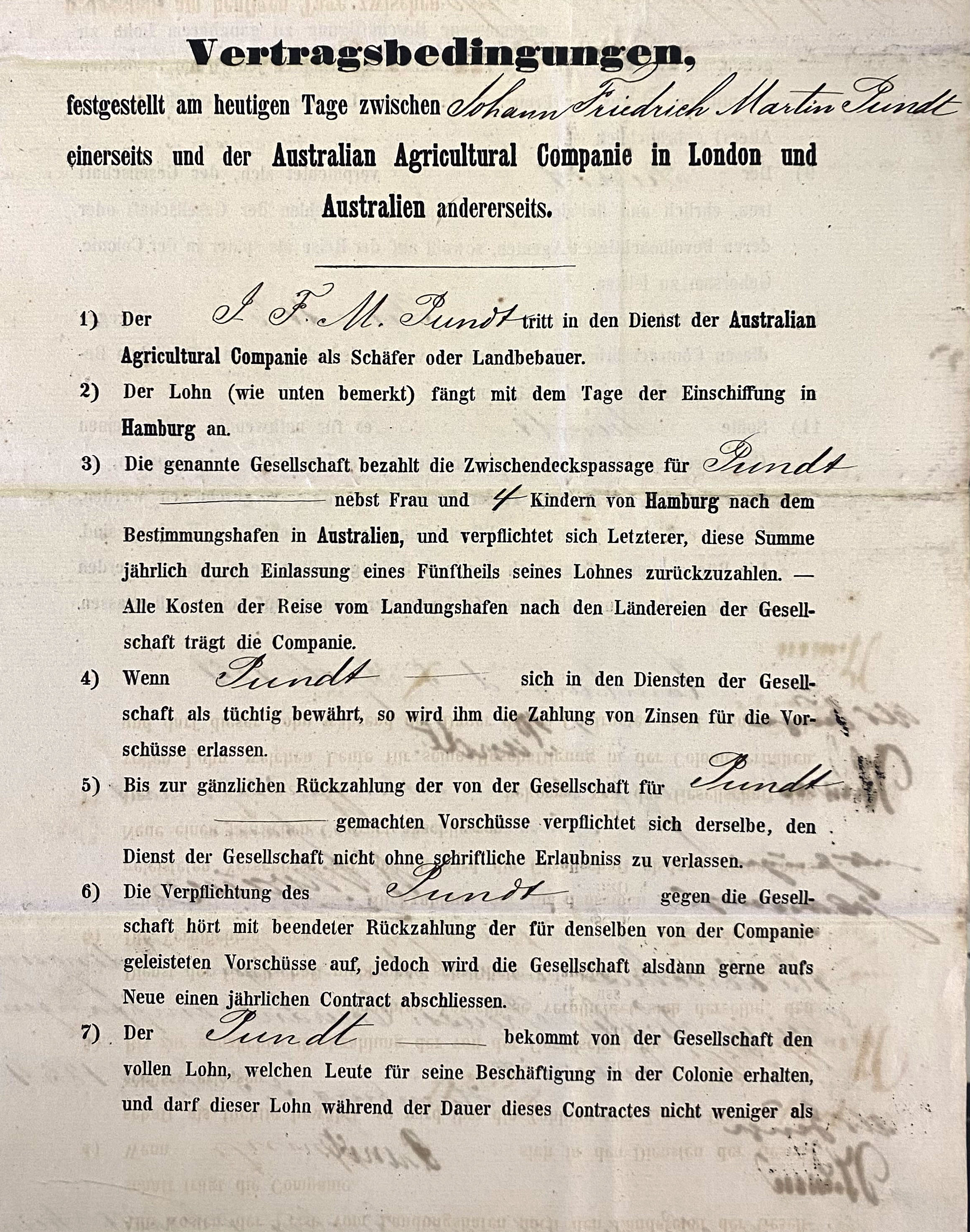 Contract issued to German employee J.F.M. Pundt, 1853 (160-83).