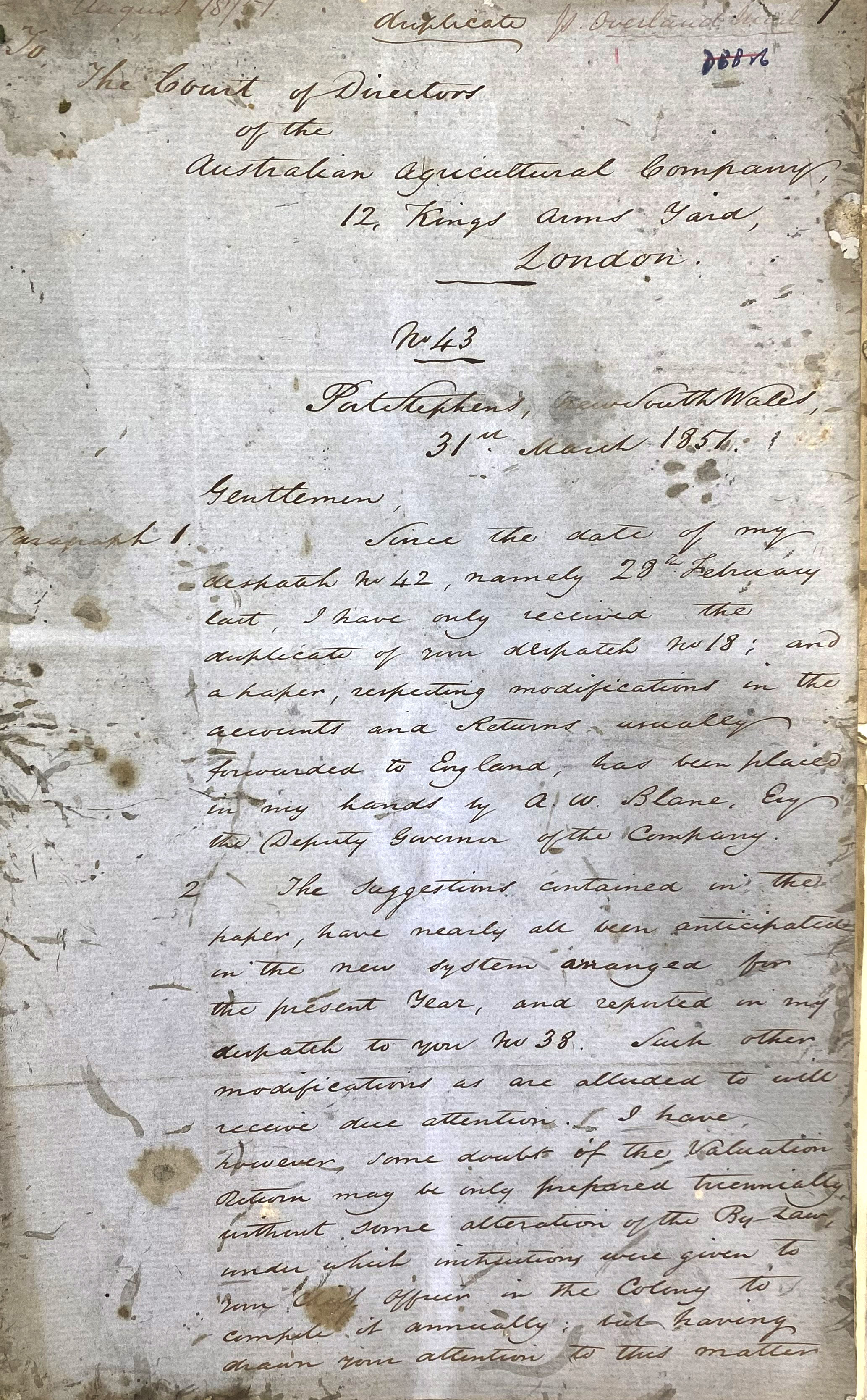 Despatch written by James Ebsworth, 31 March 1851. This is the only despatch that remains from Ebsworth's second period of administration as Acting General Superintendent between 1848-51.