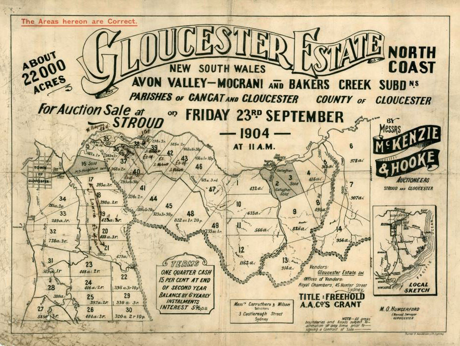 Auction poster for 22,000 acres on the Gloucester Estate, New South Wales, 23 September 1904 (C0021). 