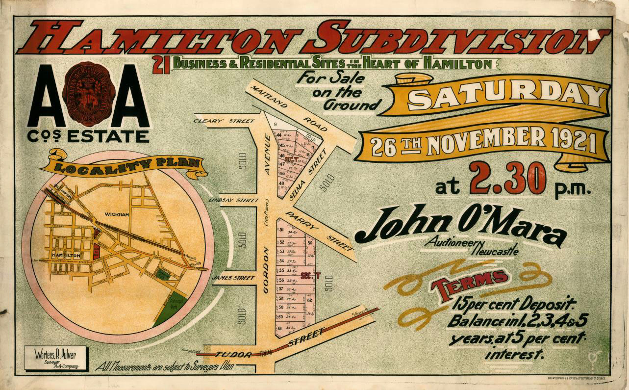 Auction poster for land sale in Section T, Hamilton Subdivision, New South Wales, 1921.