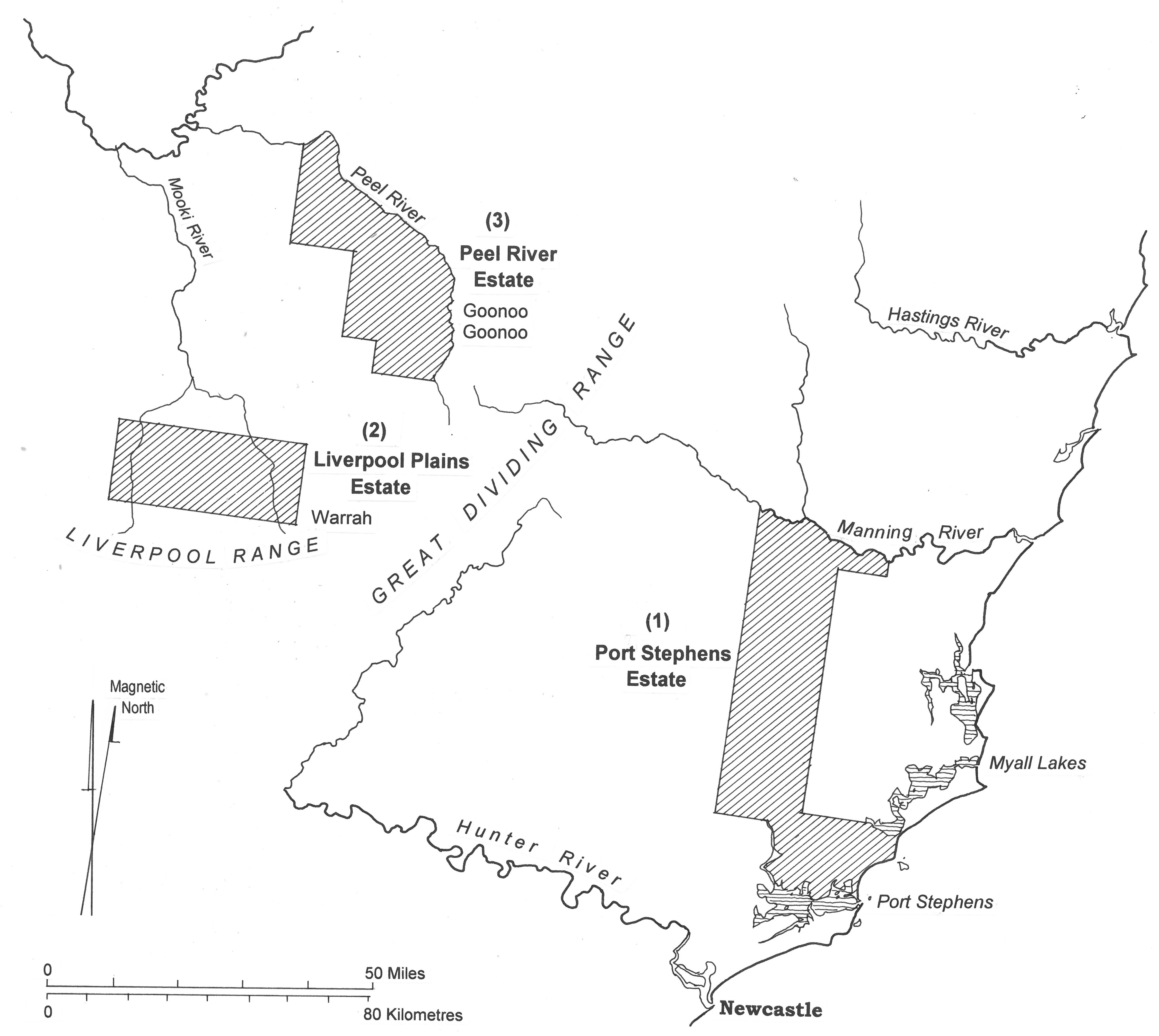Map of the Australian Agricultural Company Estates in New South Wales - Port Stephens Estate, Liverpool Plains Estate (Warrah) and Peel River Estate (Goonoo Goonoo). 