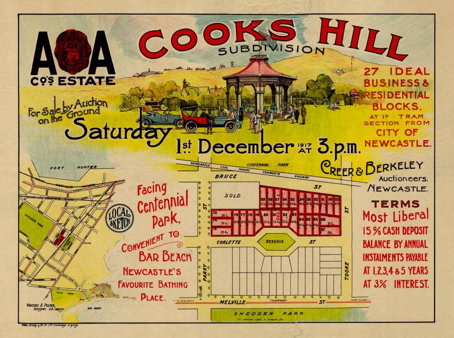 Auction poster for Cook's Hill Subdivision, Newcastle, New South Wales, 1917 (B556).