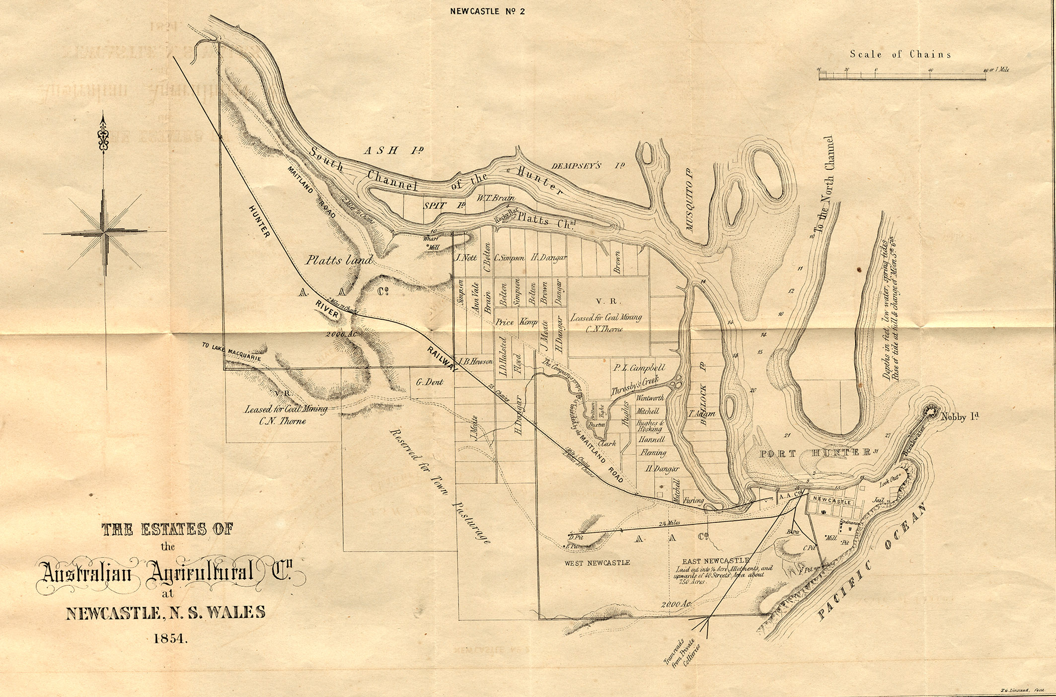 Map of the estate of the Australian Agricultural Company, Newcastle, New South Wales, 1854 (131-4-32, X7).