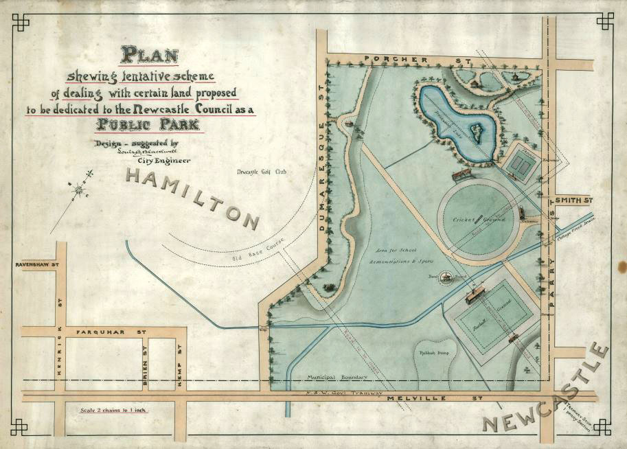 Plan of proposed public park to be donated by the Australian Agricultural Company to Newcastle Council, Newcastle, New South Wales, undated. Drawn by Louis B. Blackwall (A848).