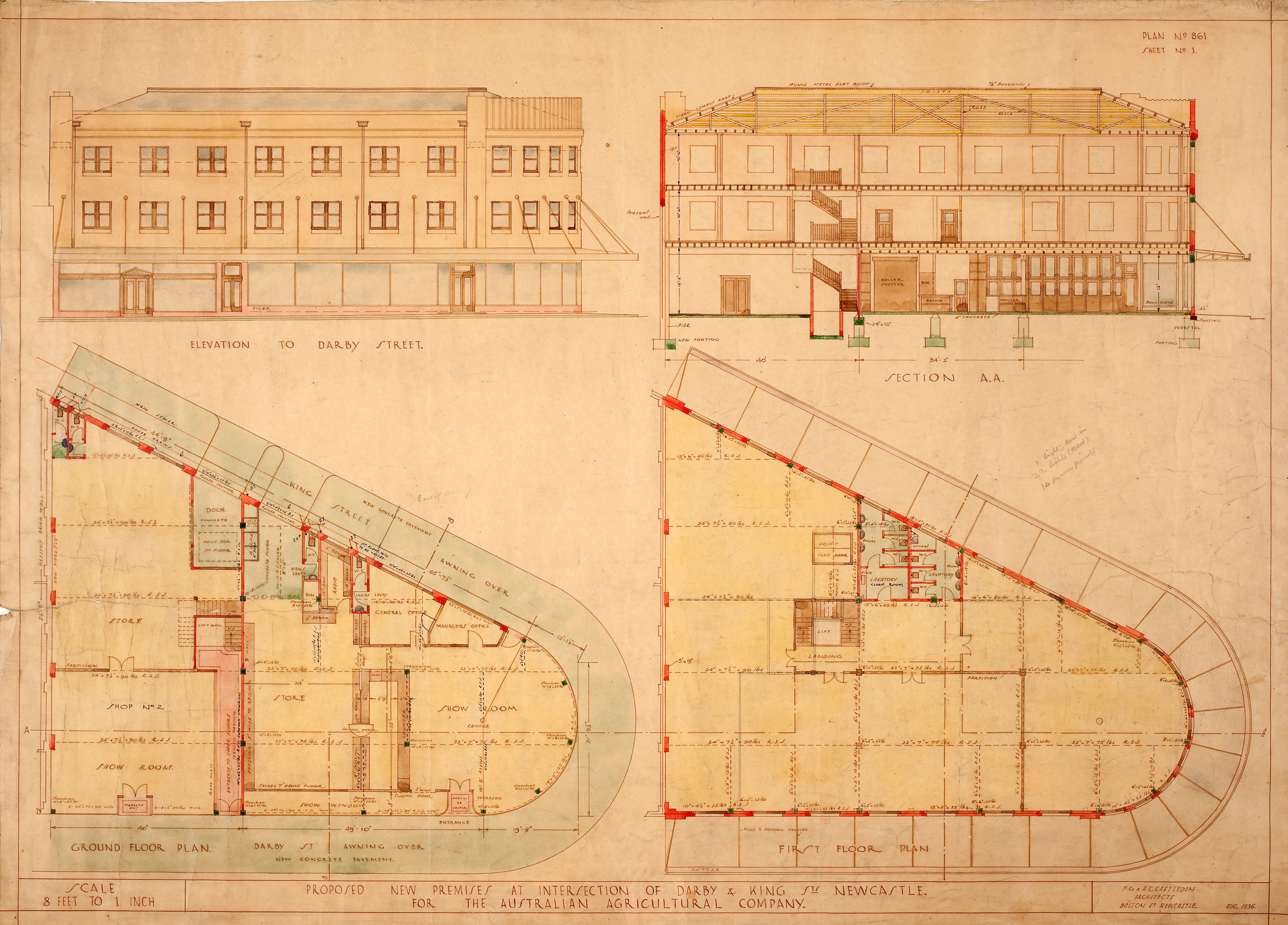 Proposed new premises of the Australian Agricultural Company at Darby & King Streets, Newcastle, New South Wales, 1936. Design by F.G. & A.C. Castledean (1-467).