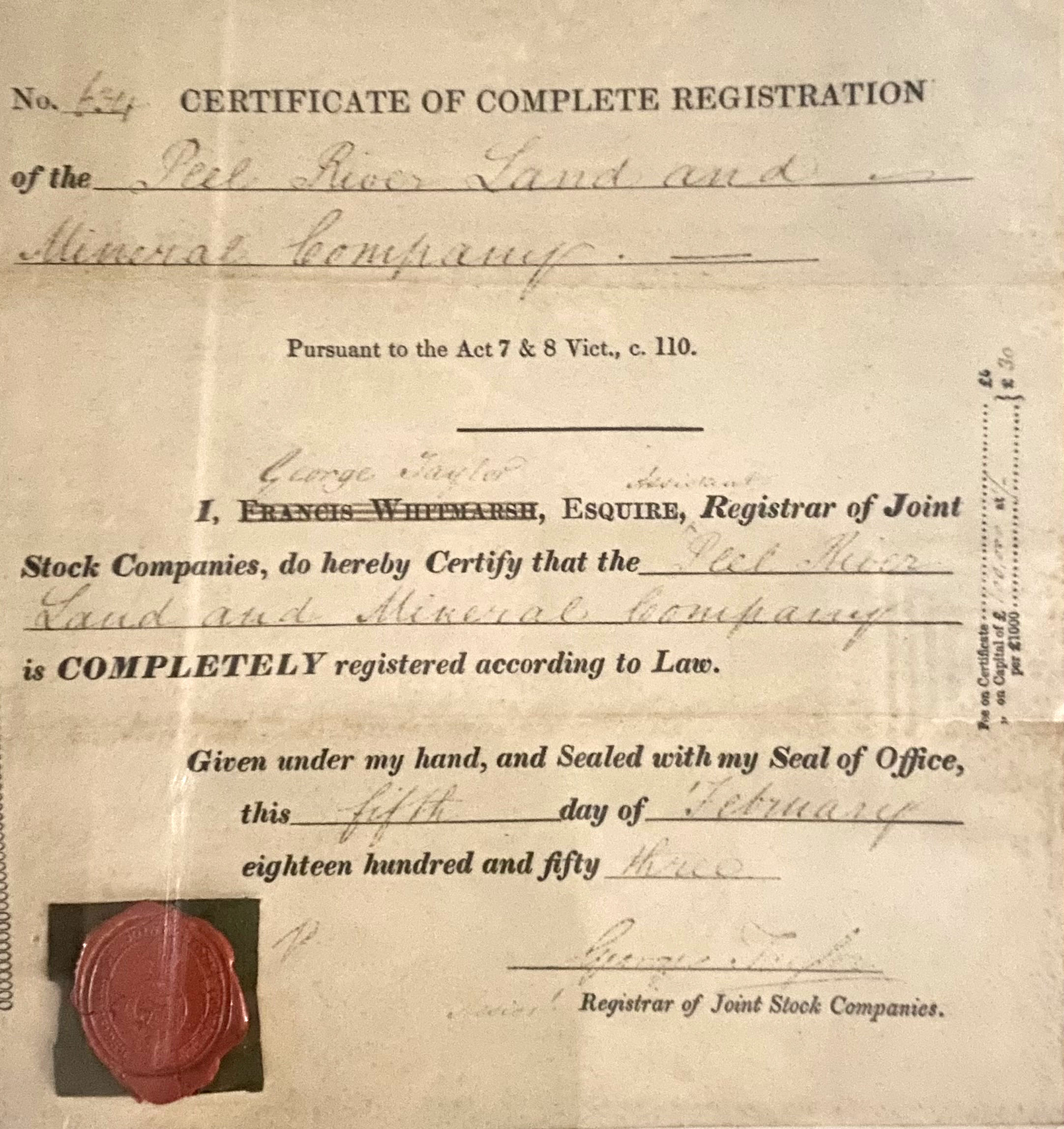 Peel River Land and Mineral Company certificate of registration, 5 February 1853 (N26).