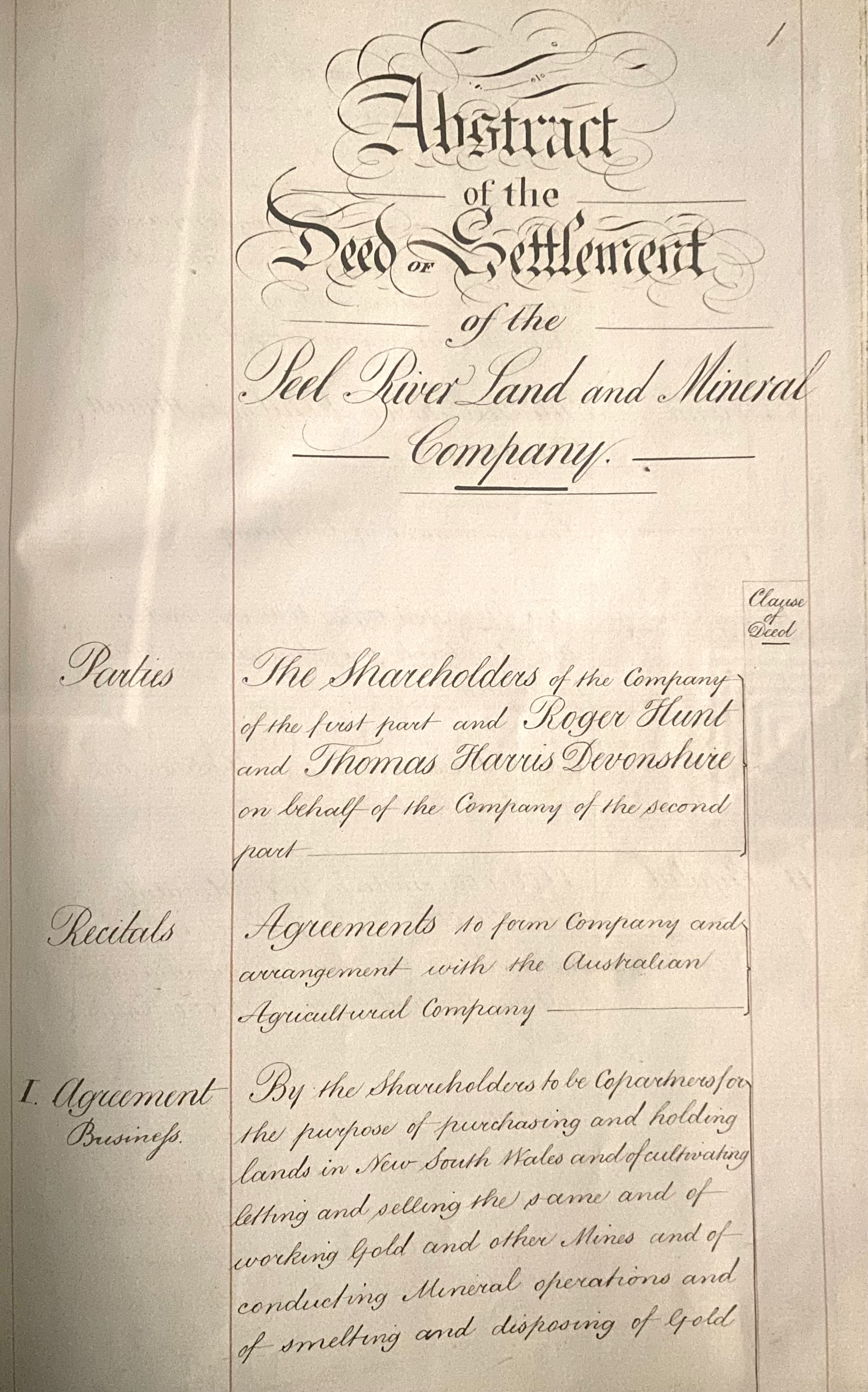 Peel River Land and Mineral Company abstract of deed of settlement, 1853.
