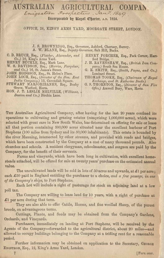 Page from the Australian Agricultural Company's Emigration Prospectus, 1849 (S301-25A).