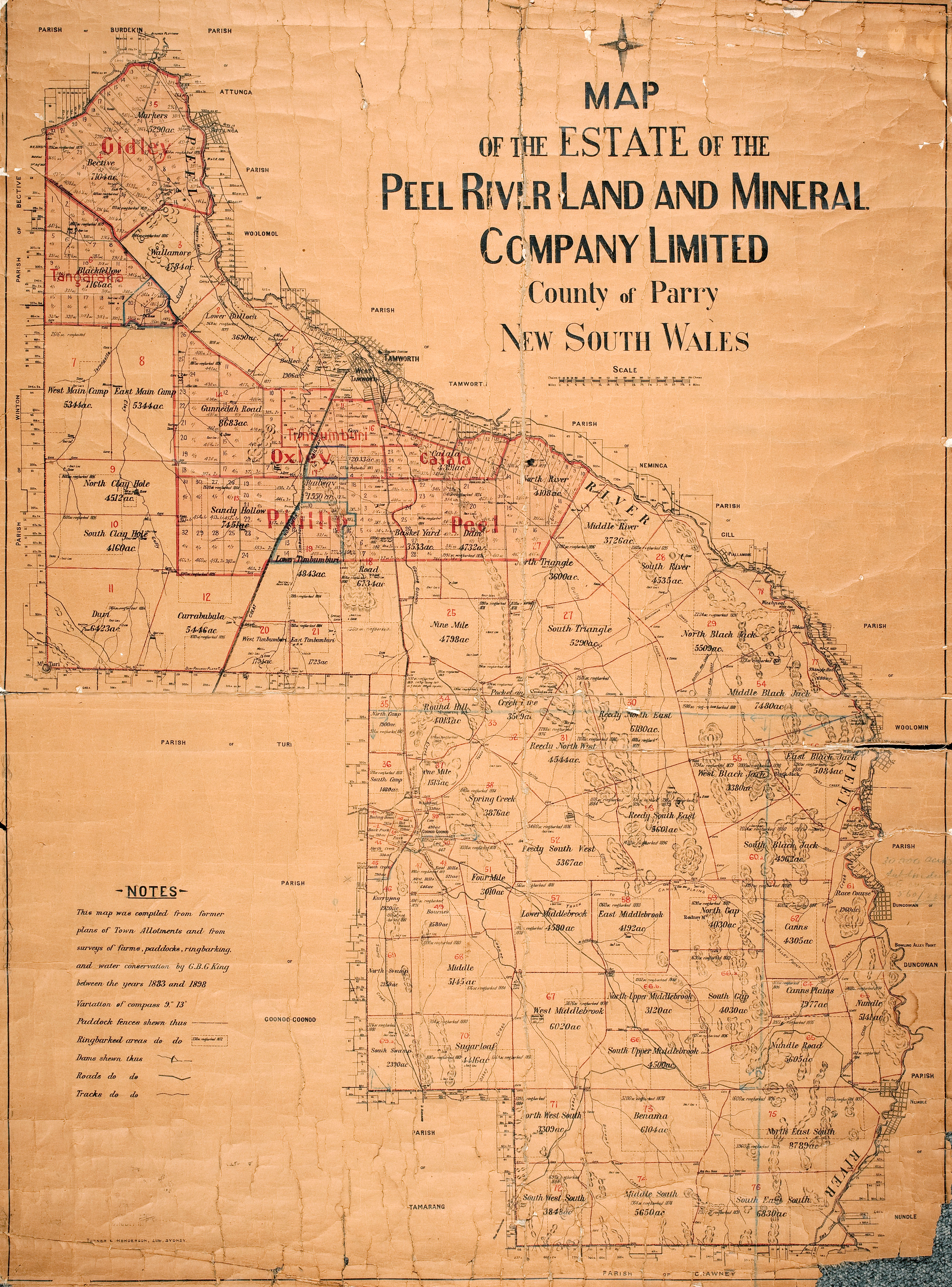 Map of the estate of the Peel River Land and Mineral Company, Northern New South Wales, compiled by George Bartholemew Gidley King, 1883 (F37). 