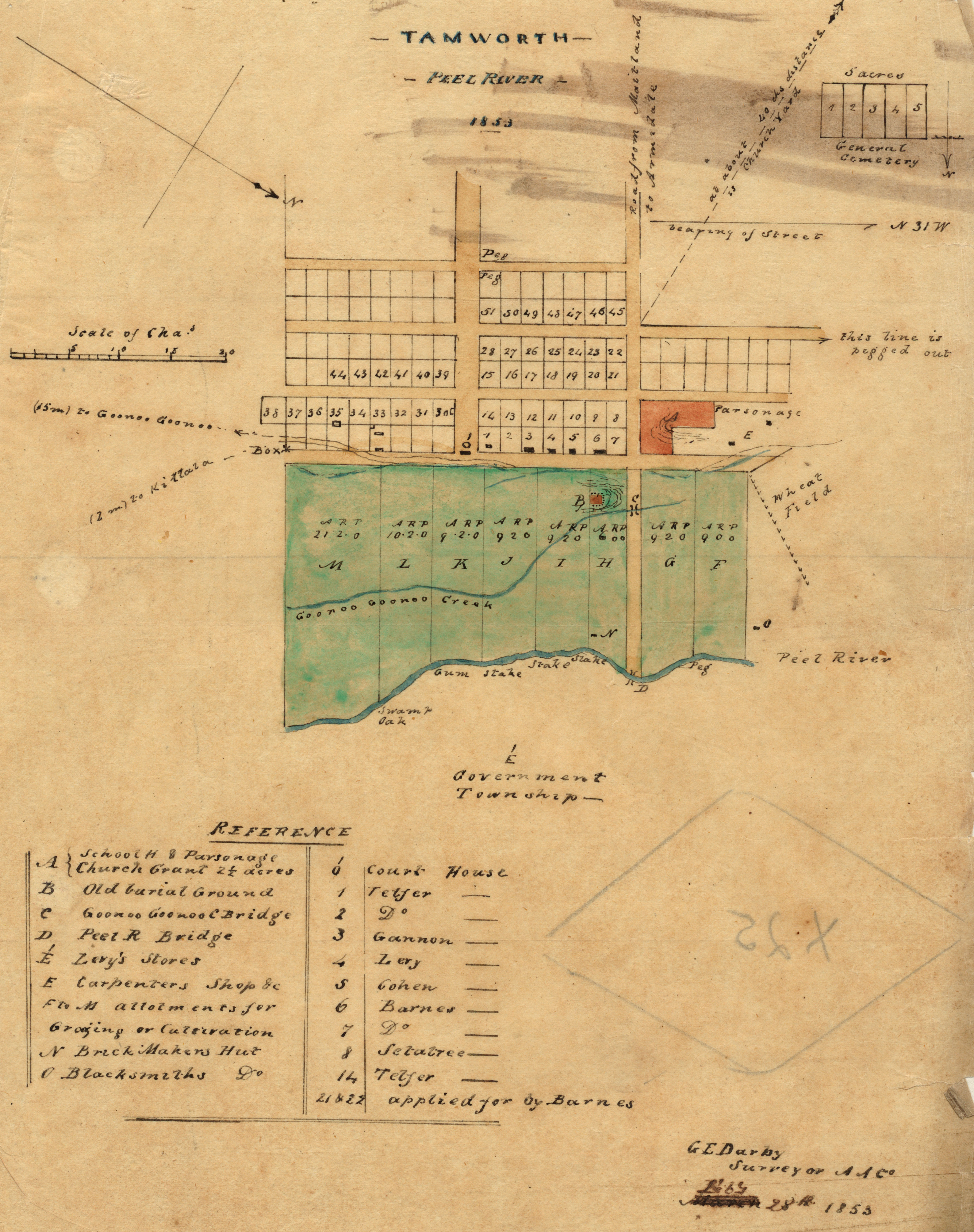 Block and section plan of West Tamworth, Peel Estate, New South Wales, 1853. Drawn by Australian Agricultural Company Surveyor George Darby. (X25). 
