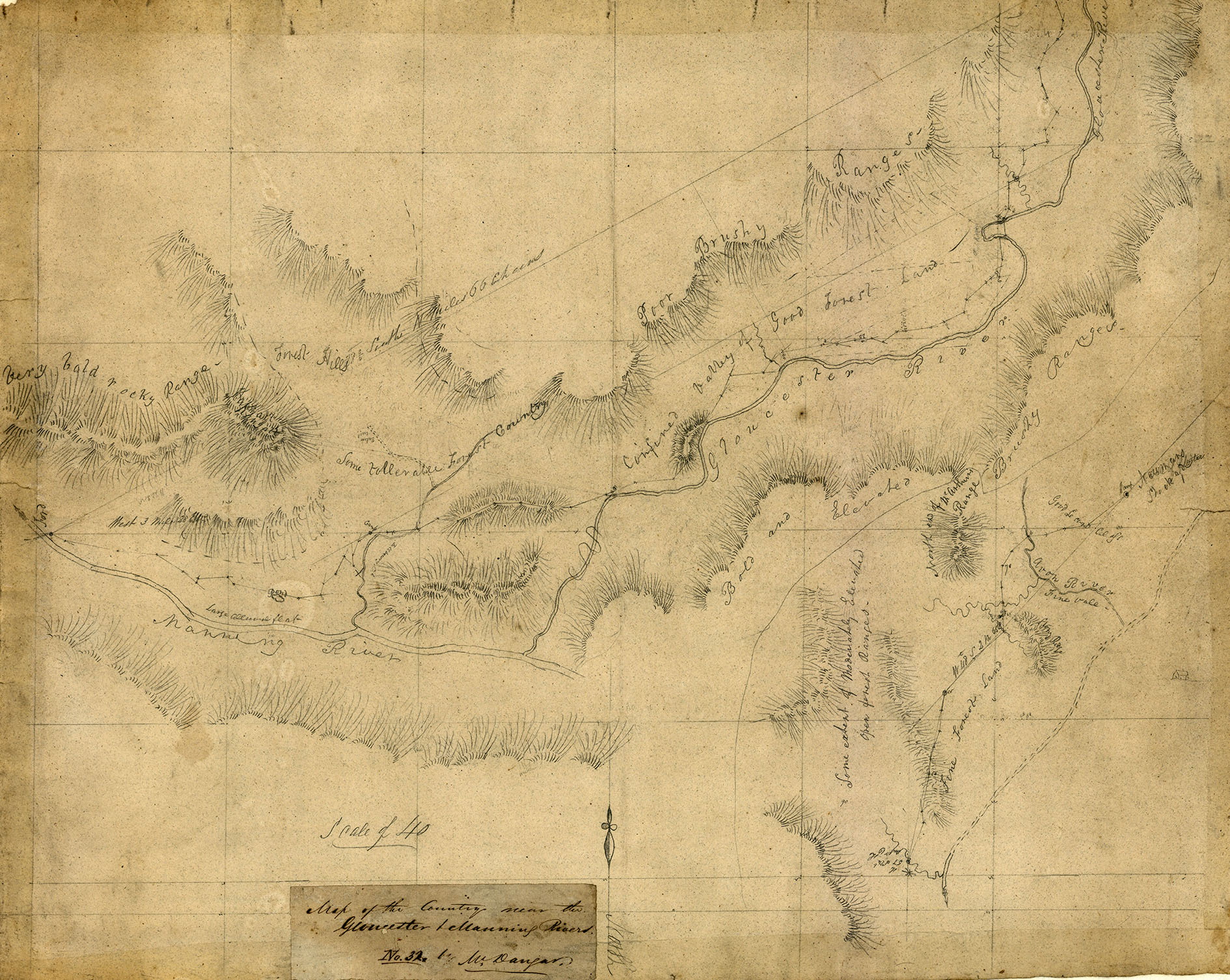 Map drawn by surveyor Henry Dangar of the country near the Gloucester and Manning Rivers, Port Stephens Estate, New South Wales, 1829 (A69). 