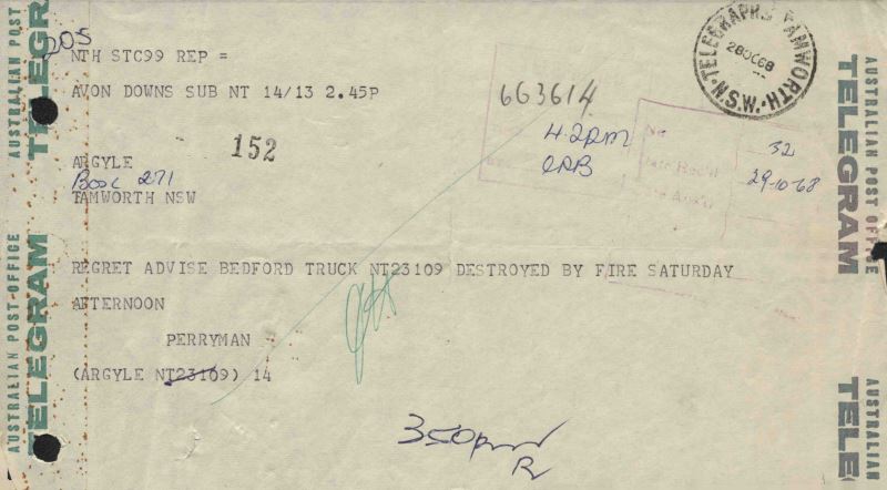 Telegram from Avon Downs Station, Northern Territory, to Australian Agricultural Company Head Office in Tamworth, New South Wales, 1968 (Z241-44).