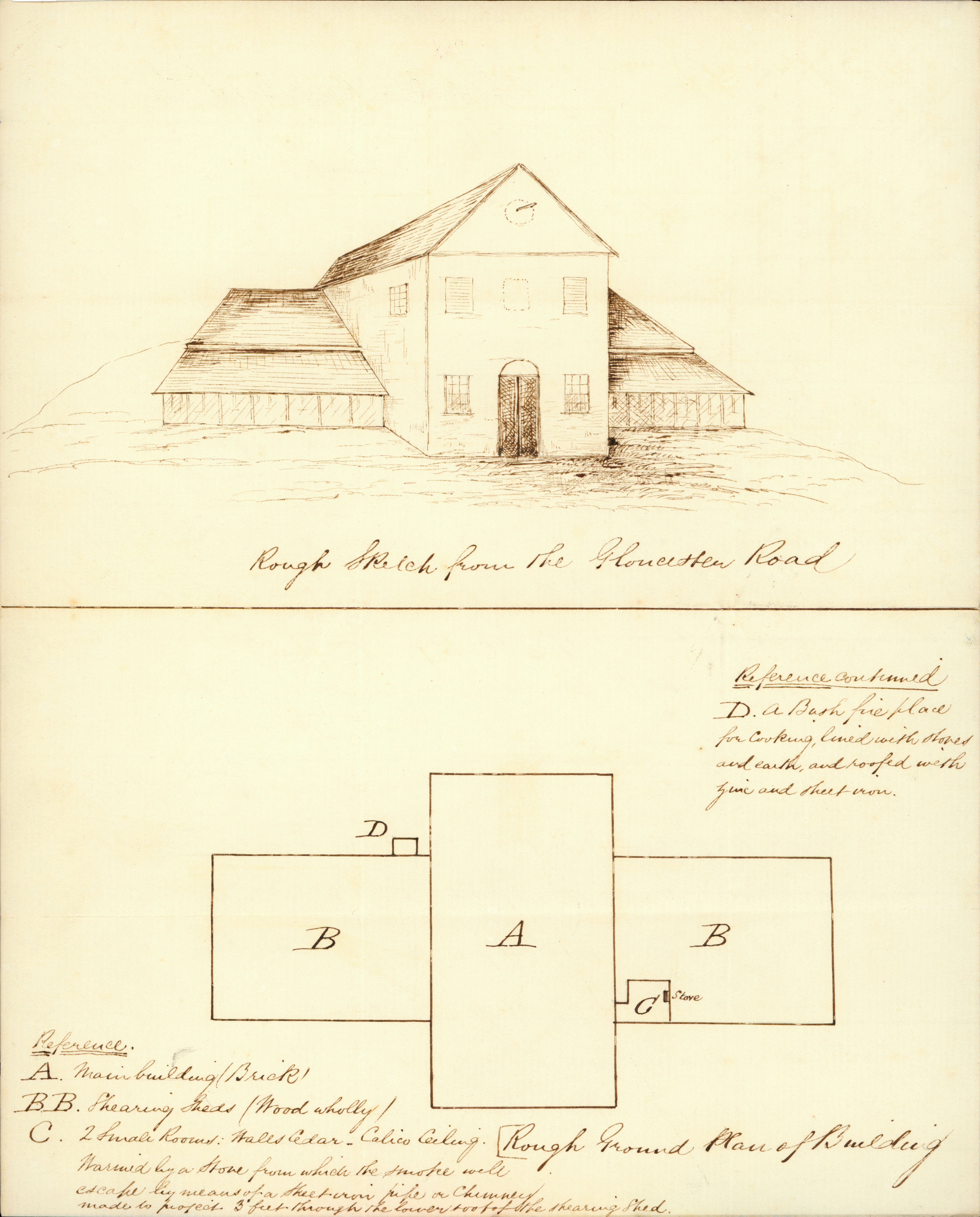 Sketch of the Tellighery Woolshed, December 1864. Drawn by Australian Agricultural Company surveyor George Ogden (X1541-A4).
