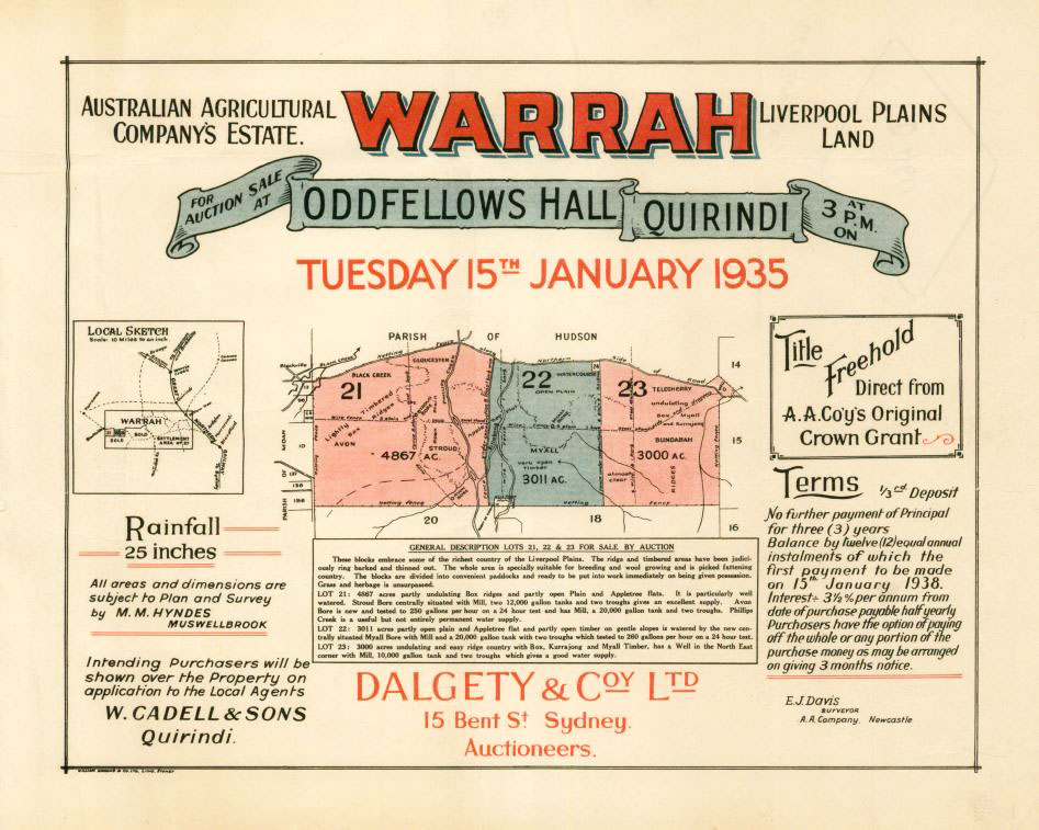 Auction poster for lots at Warrah, Liverpool Plains, New South Wales, 15 January 1935 (D460). 