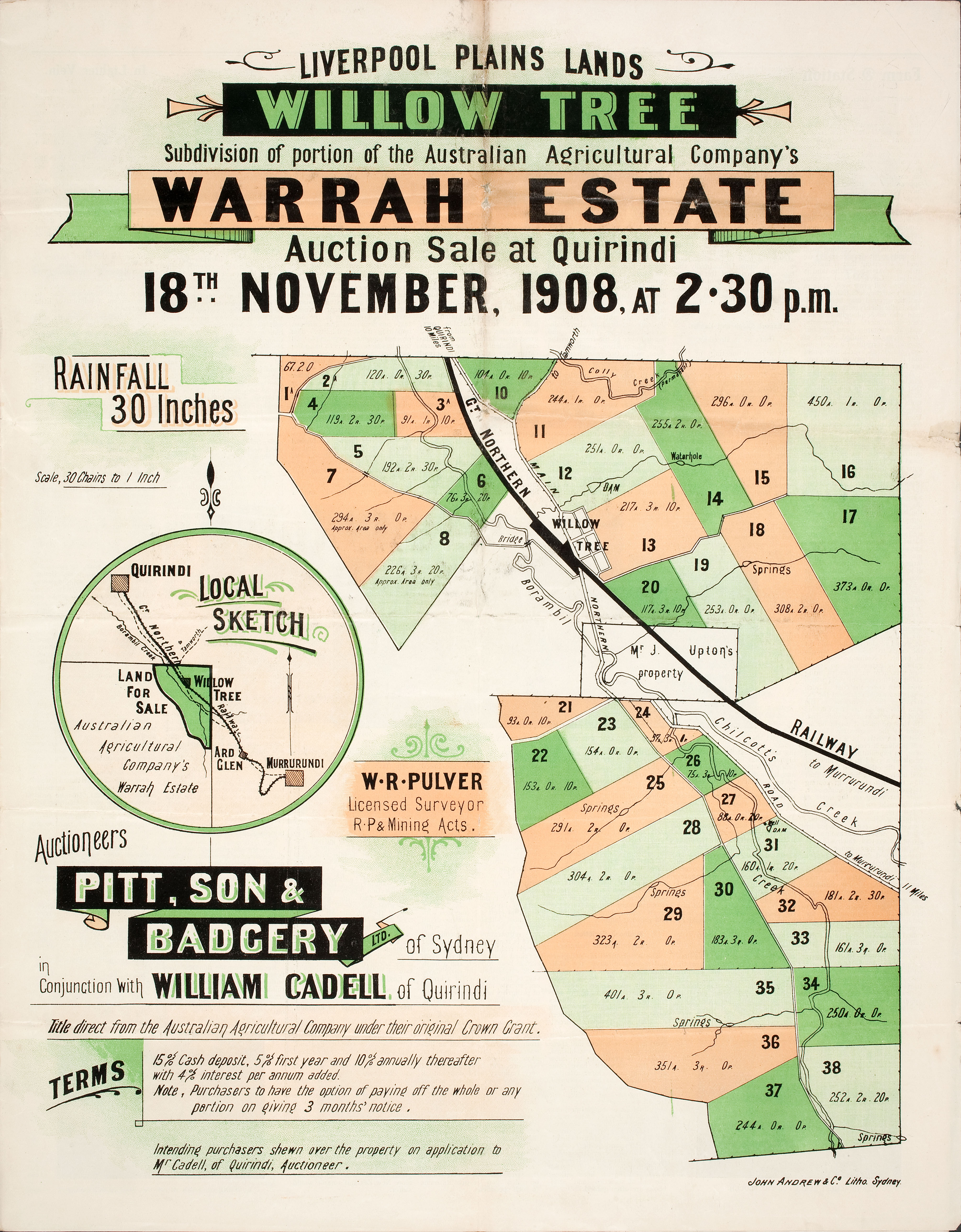 Auction poster for Willow Tree, Warrah Estate, New South Wales, 1908 (X217). 