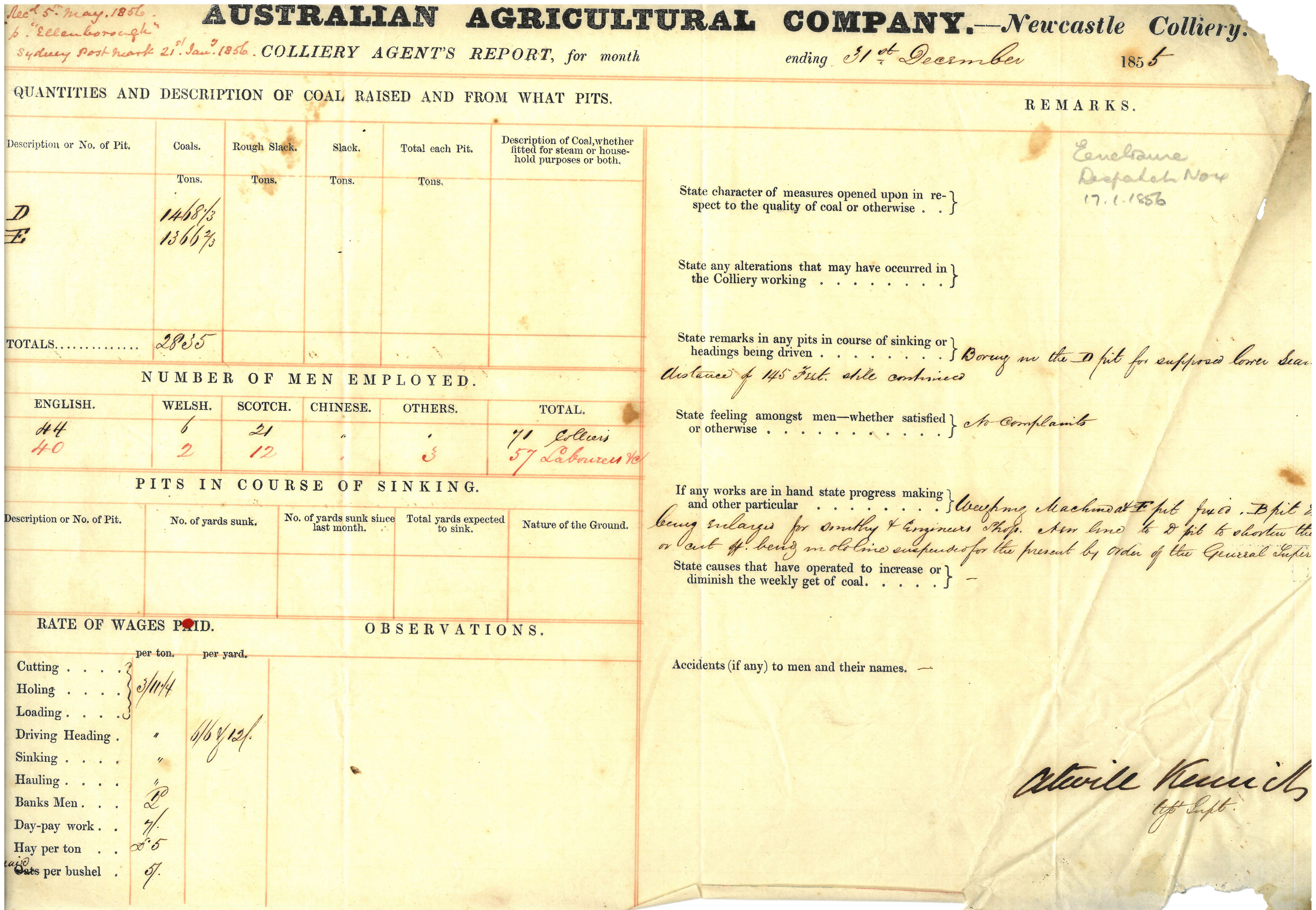 Australian Agricultural Company Newcastle Colliery agent's report for December 1855 (1-8).