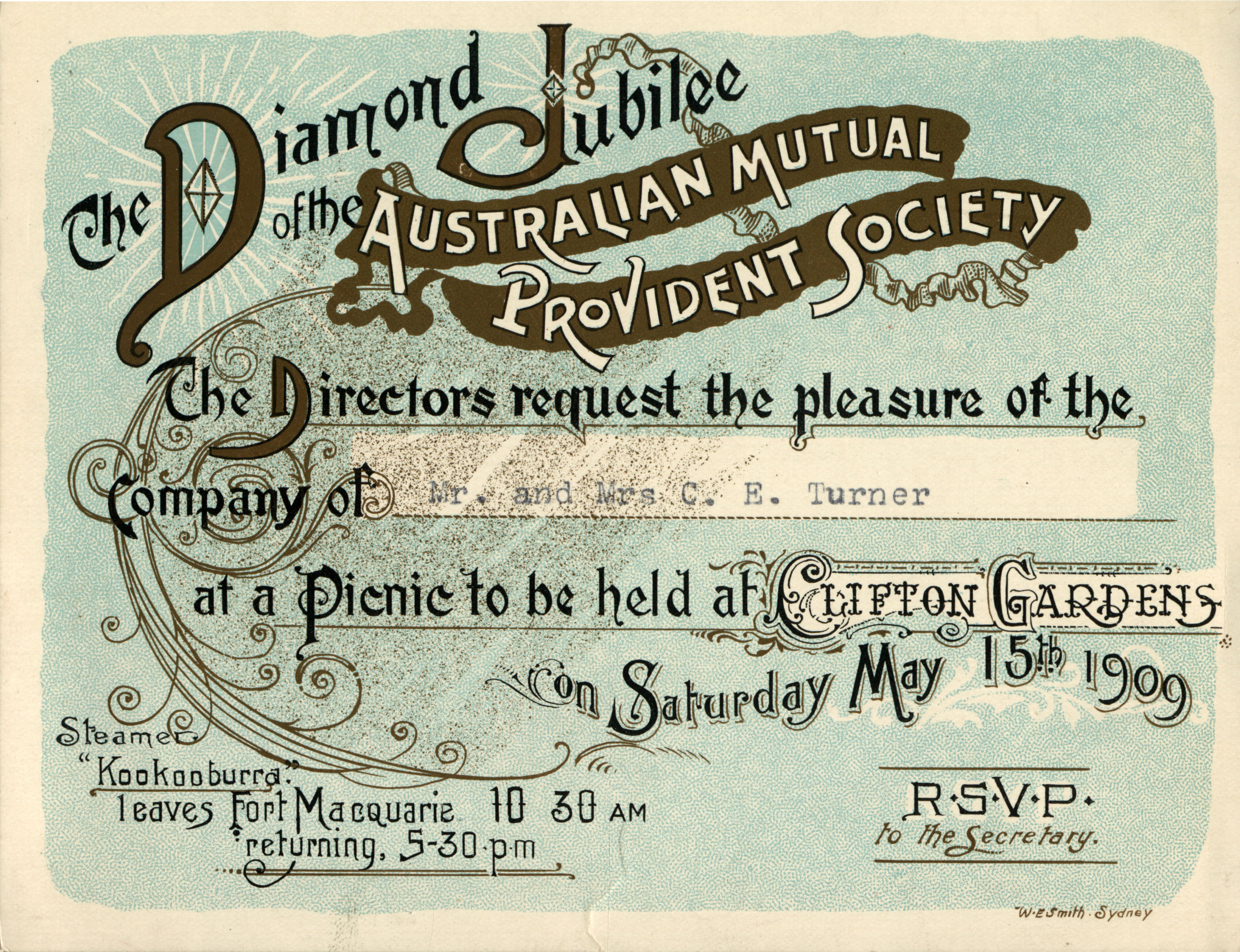 Invitation to a picnic celebrating the AMP Diamond Jubilee at Clifton Gardens, New South Wales, 15 May 1909 (N434-451).