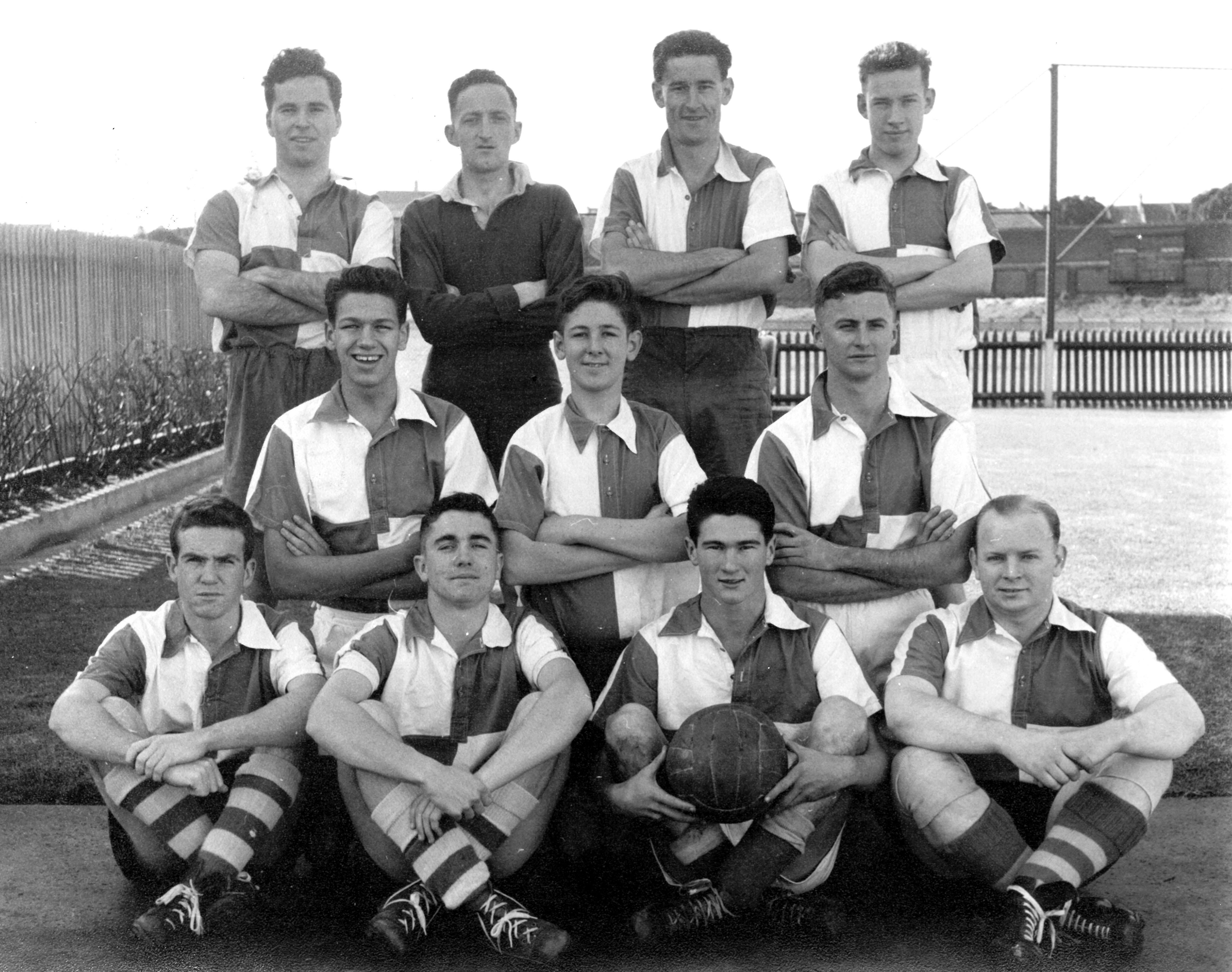 AMP Head Office Football Team pictured before a friendly game vs MLC, 1955 (N434-1419). 