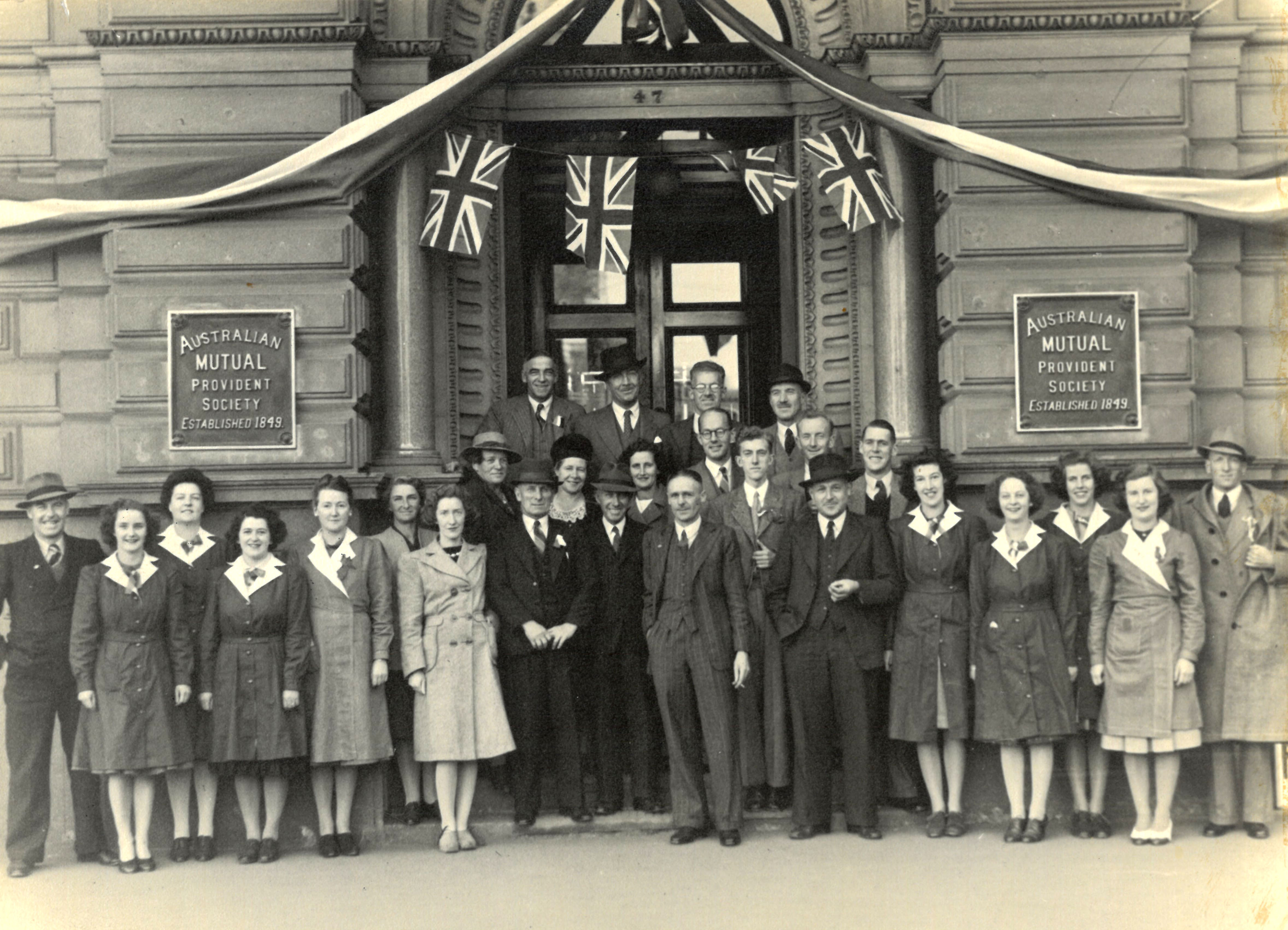 AMP Head Office staff celebrating V.E. Day, Sydney, New South Wales, 1945.