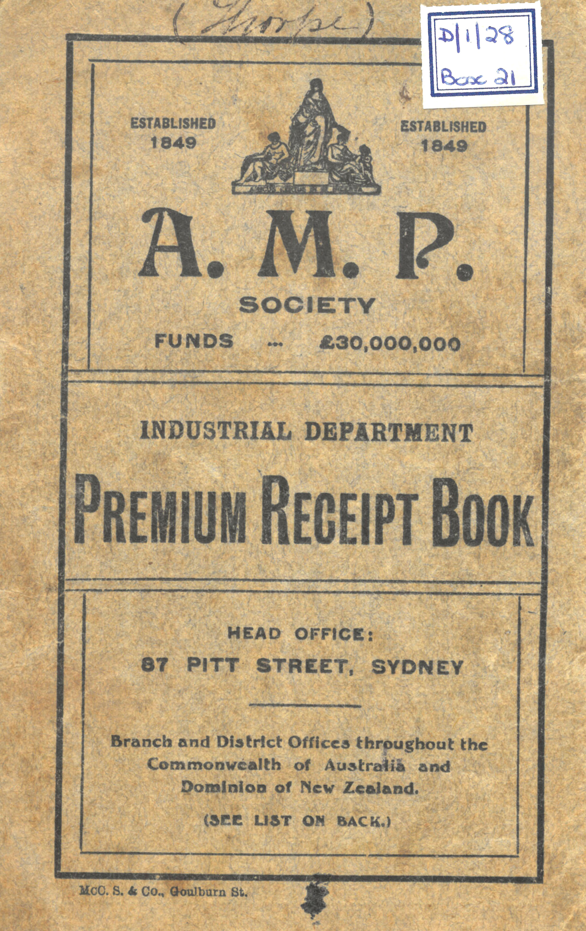 AMP Industrial Department Premium Receipt Book belonging to Thomas McGregor, 1916-1919 (N434-925).