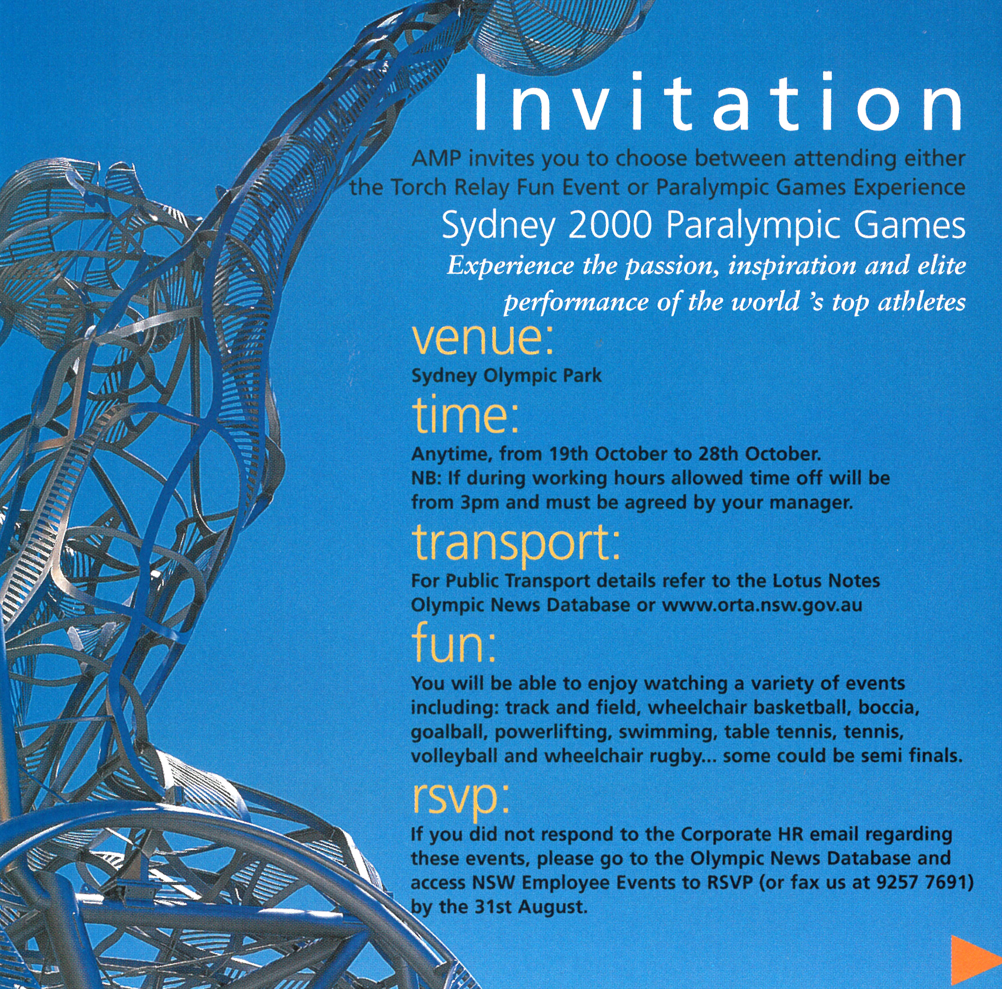 AMP staff invitation to Sydney 2000 Paralympic Games events, 2000 (N434-933).