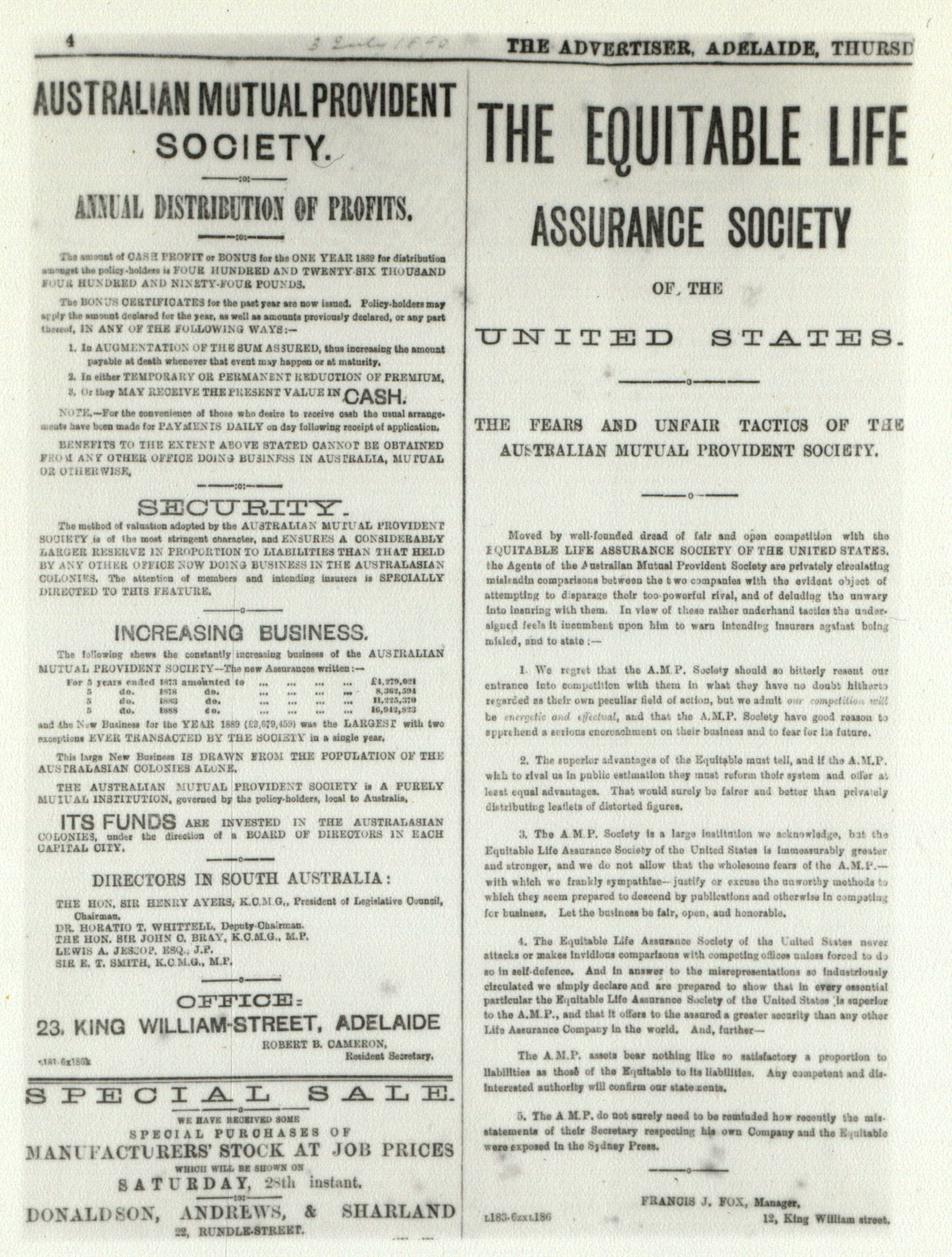 Advertisements highlighting the competition between AMP and The Equitable Life Assurance Society, The Advertiser, Adelaide, South Australia, undated (N434). 