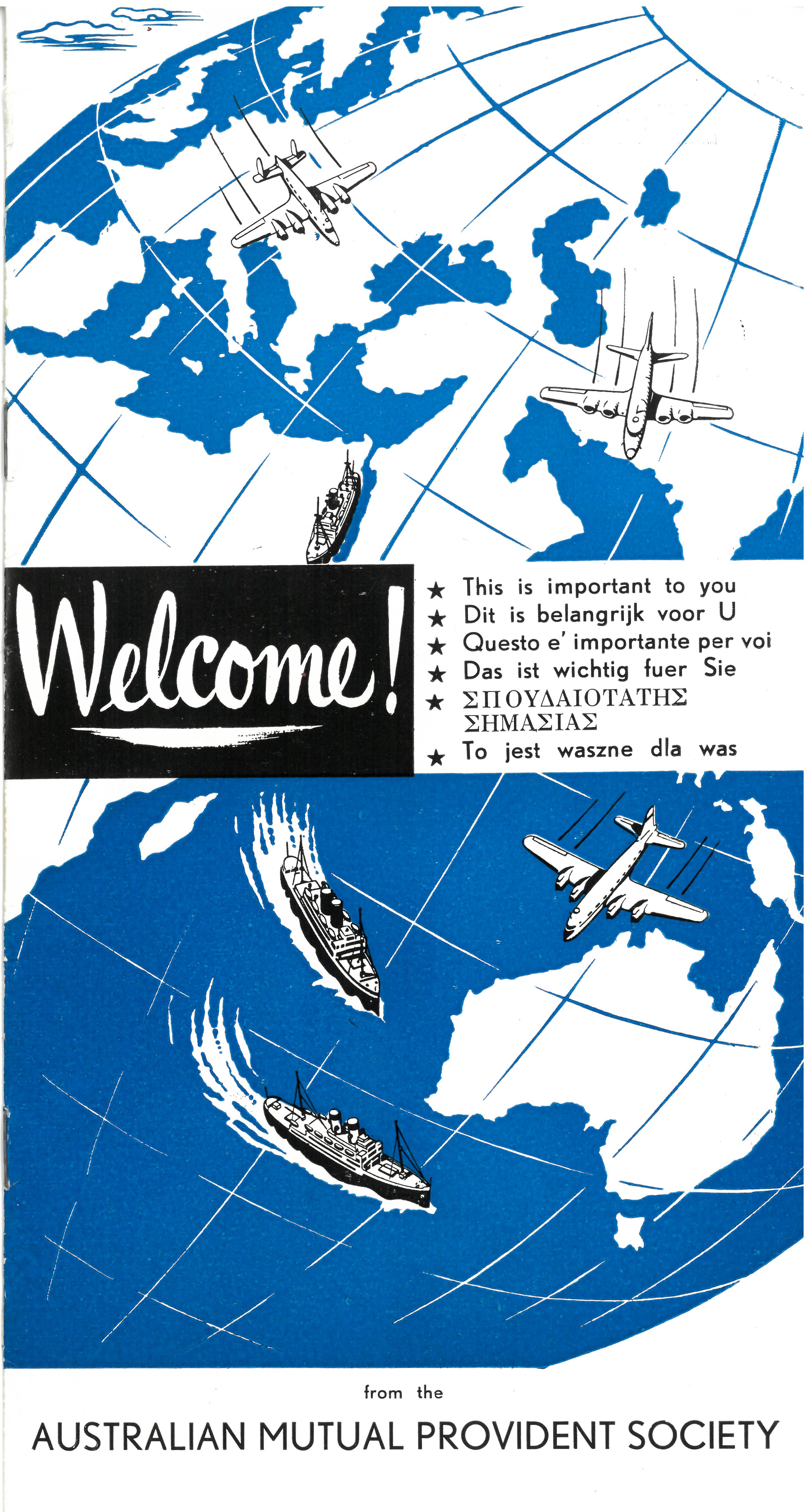 Example of an AMP advertising brochure produced in various languages for new migrants, 1956 (N434-931). 