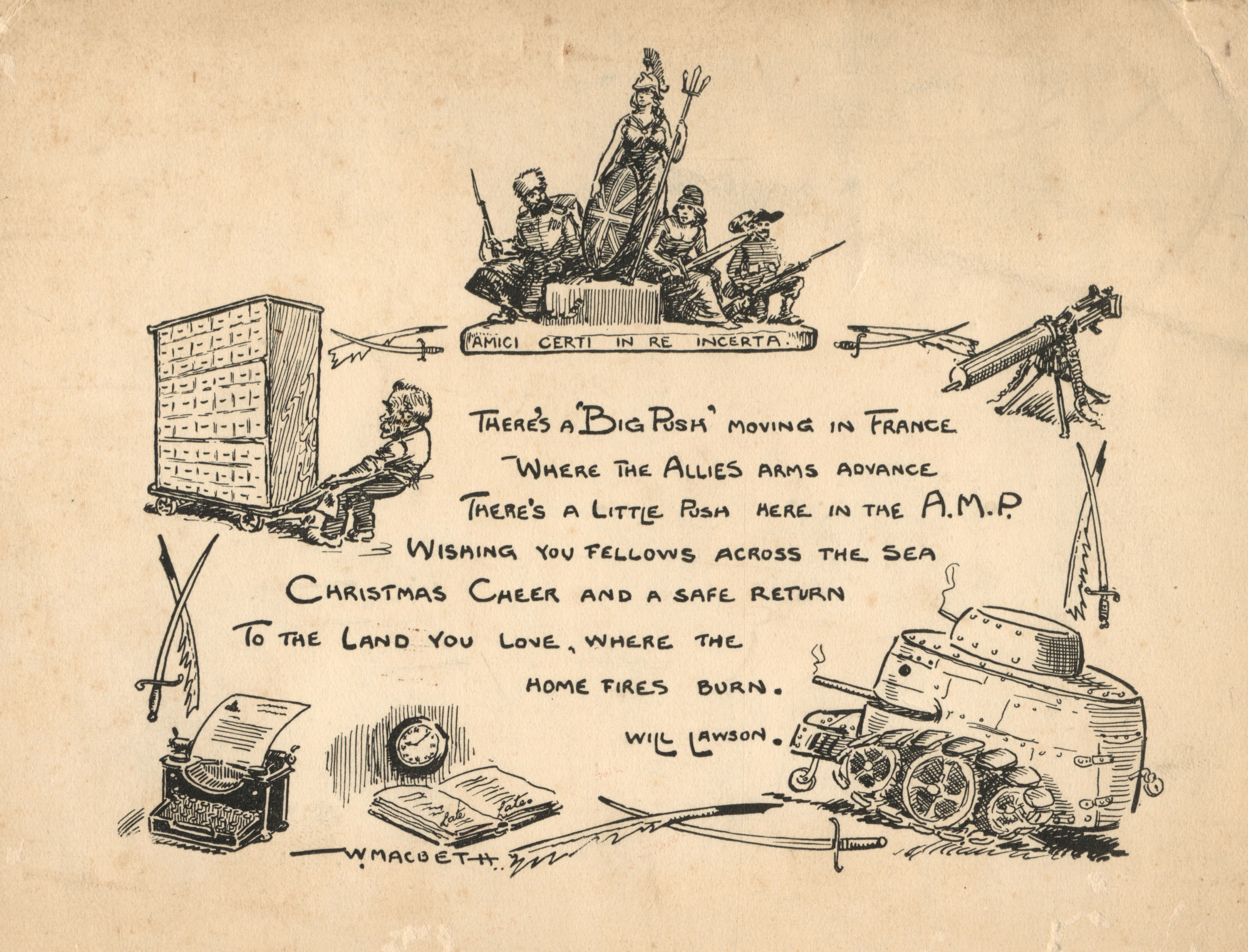 Christmas card designed by two New Zealand staff for AMP staff at the Front during the First World War (N434).