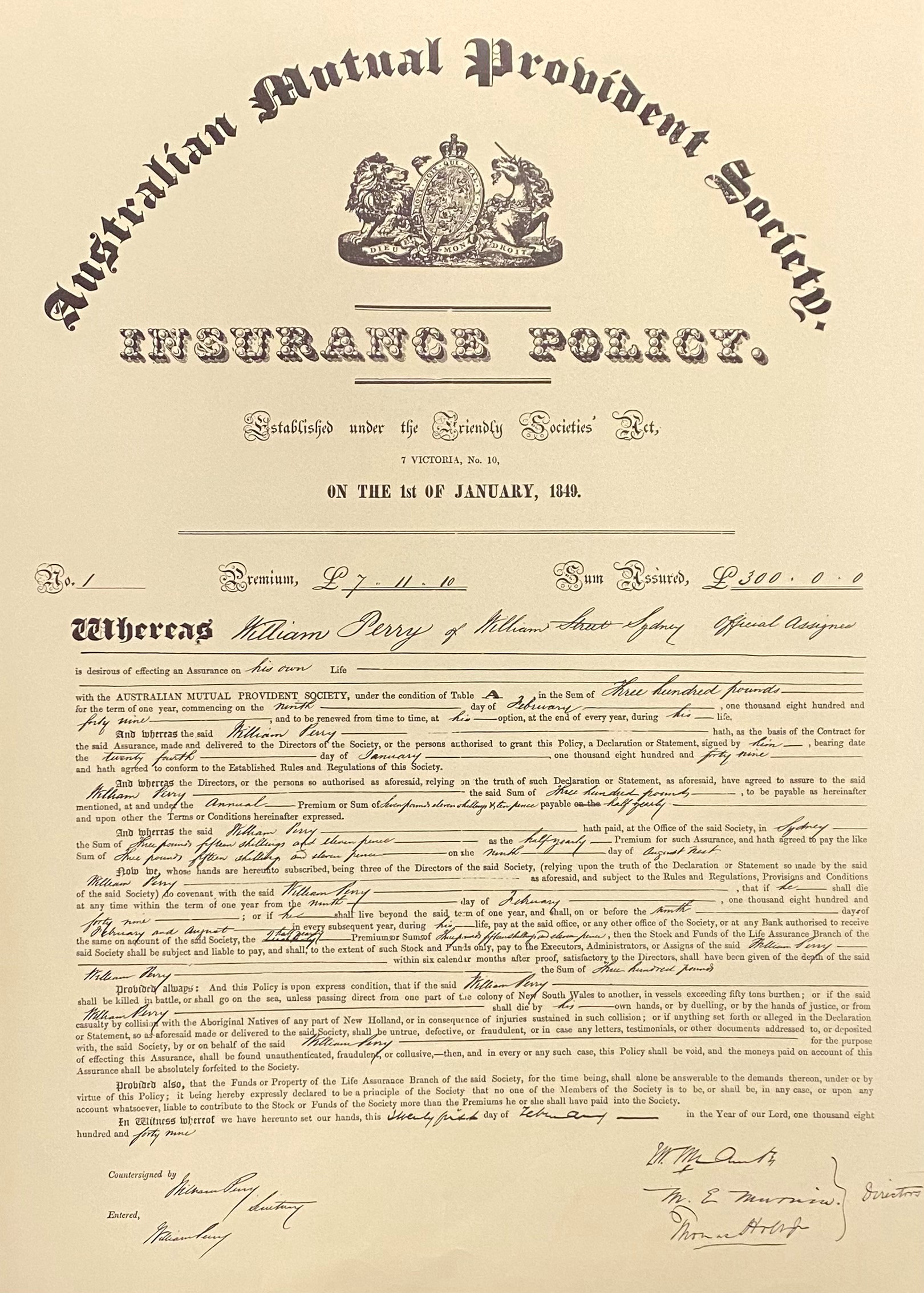 Policy No 1 issued by the Australian Mutual Provident Society to William Perry, 9 February 1849 (N434-1135).