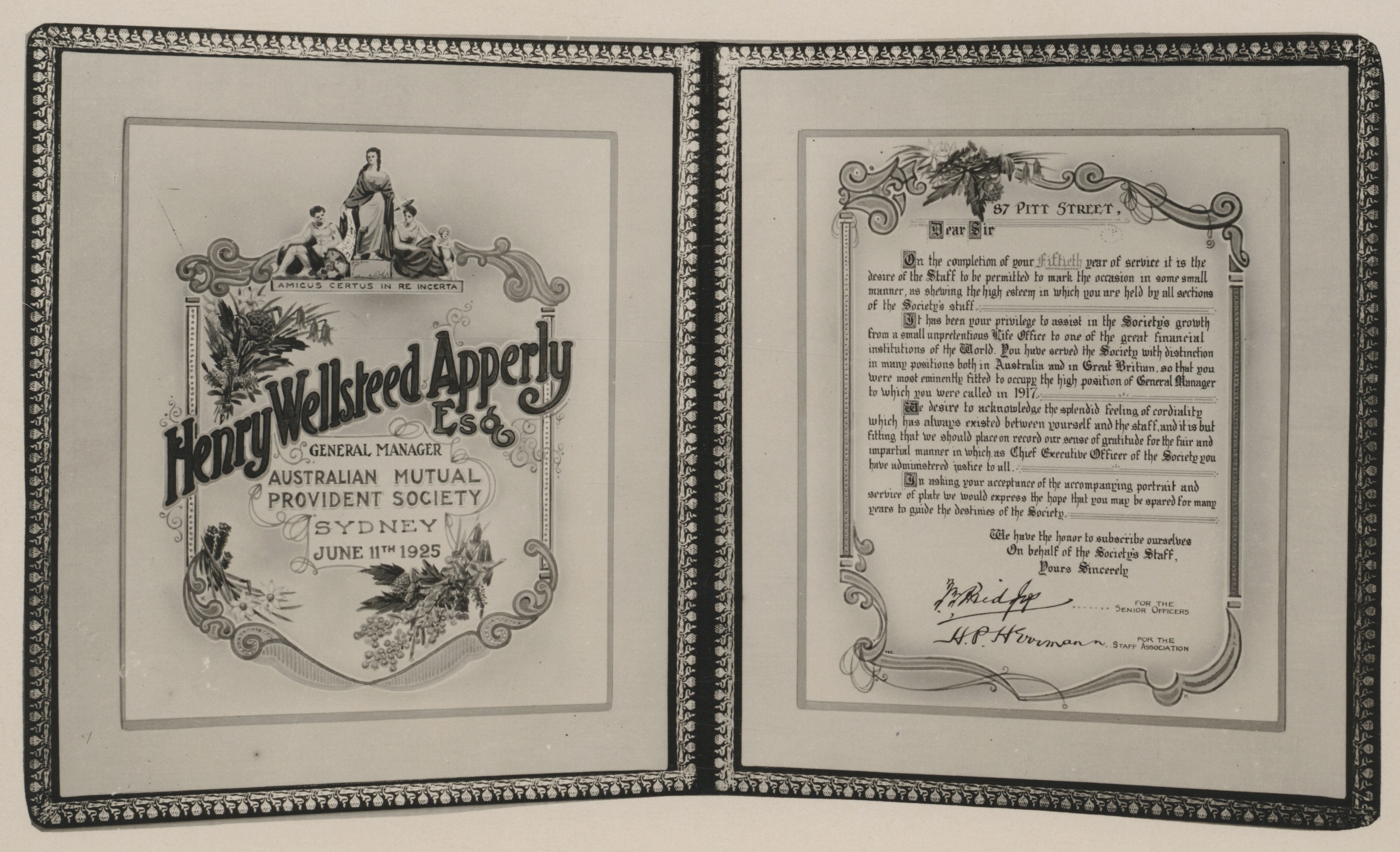 Illuminated address presented to Henry Apperly to celebrate 50 years of service to AMP, 11 June 1925 (N434).