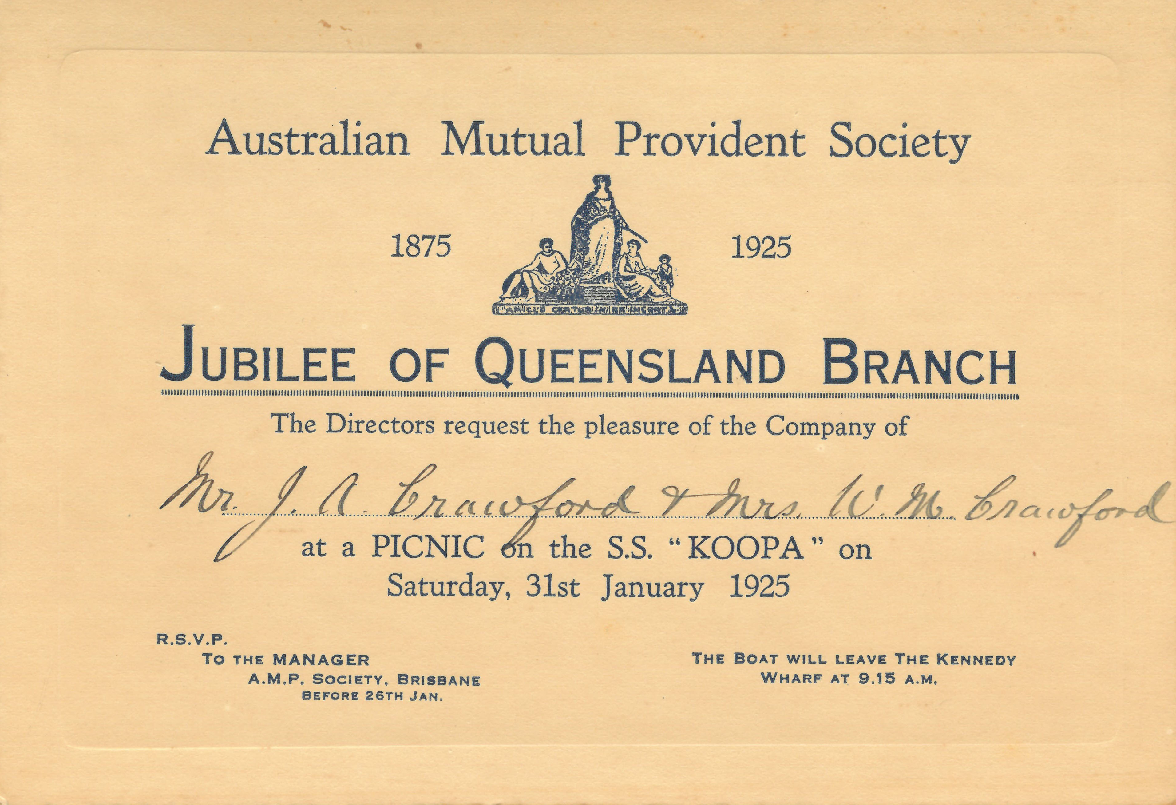 Invitation to picnic celebrating the jubilee of the AMP Queensland Branch aboard S.S. Koopa, Brisbane, Queensland, 31 January 1925 (N434-1277).