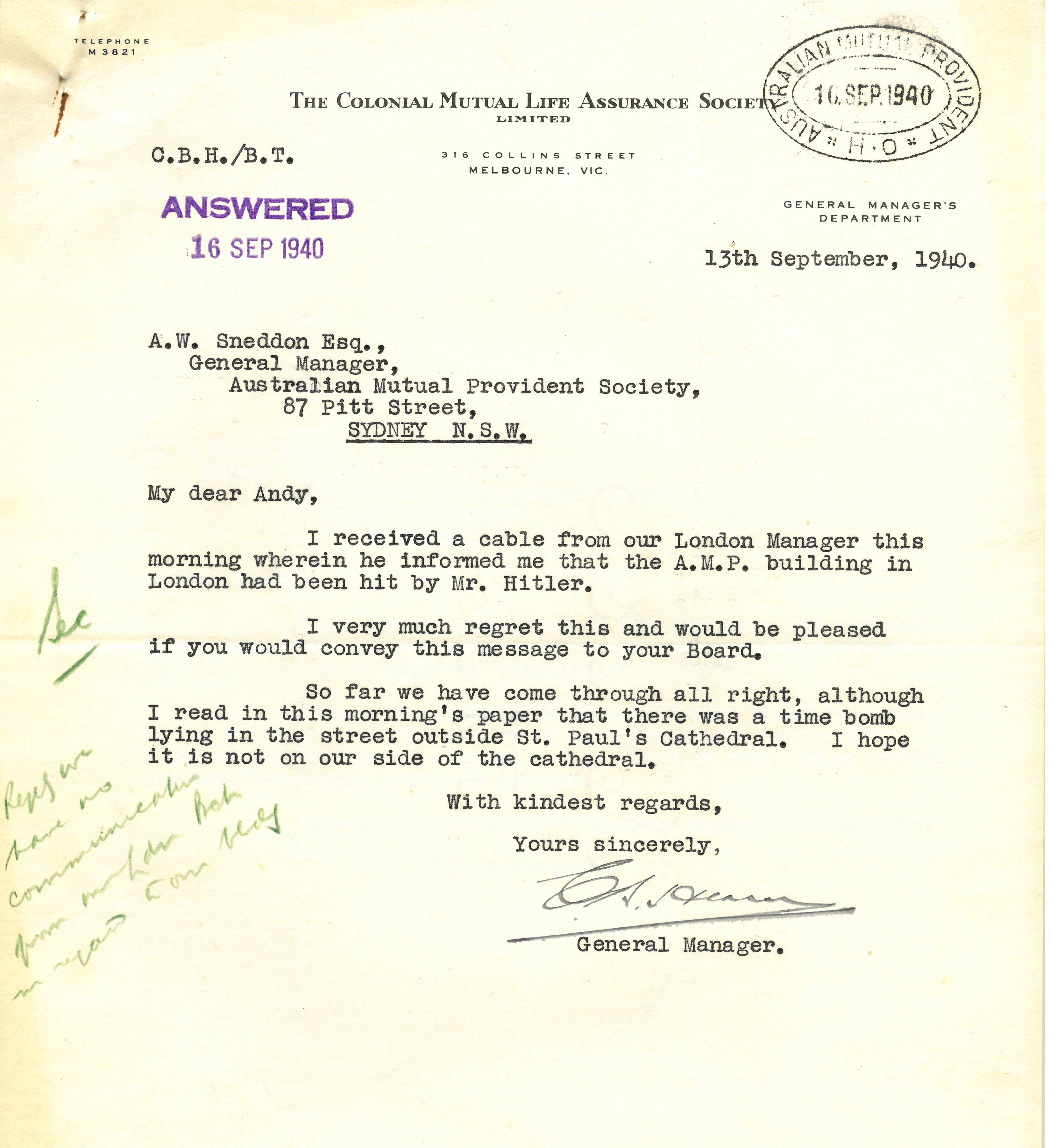 Letter regarding the bombing of the AMP London Office, 13 September 1940 (N434-944).