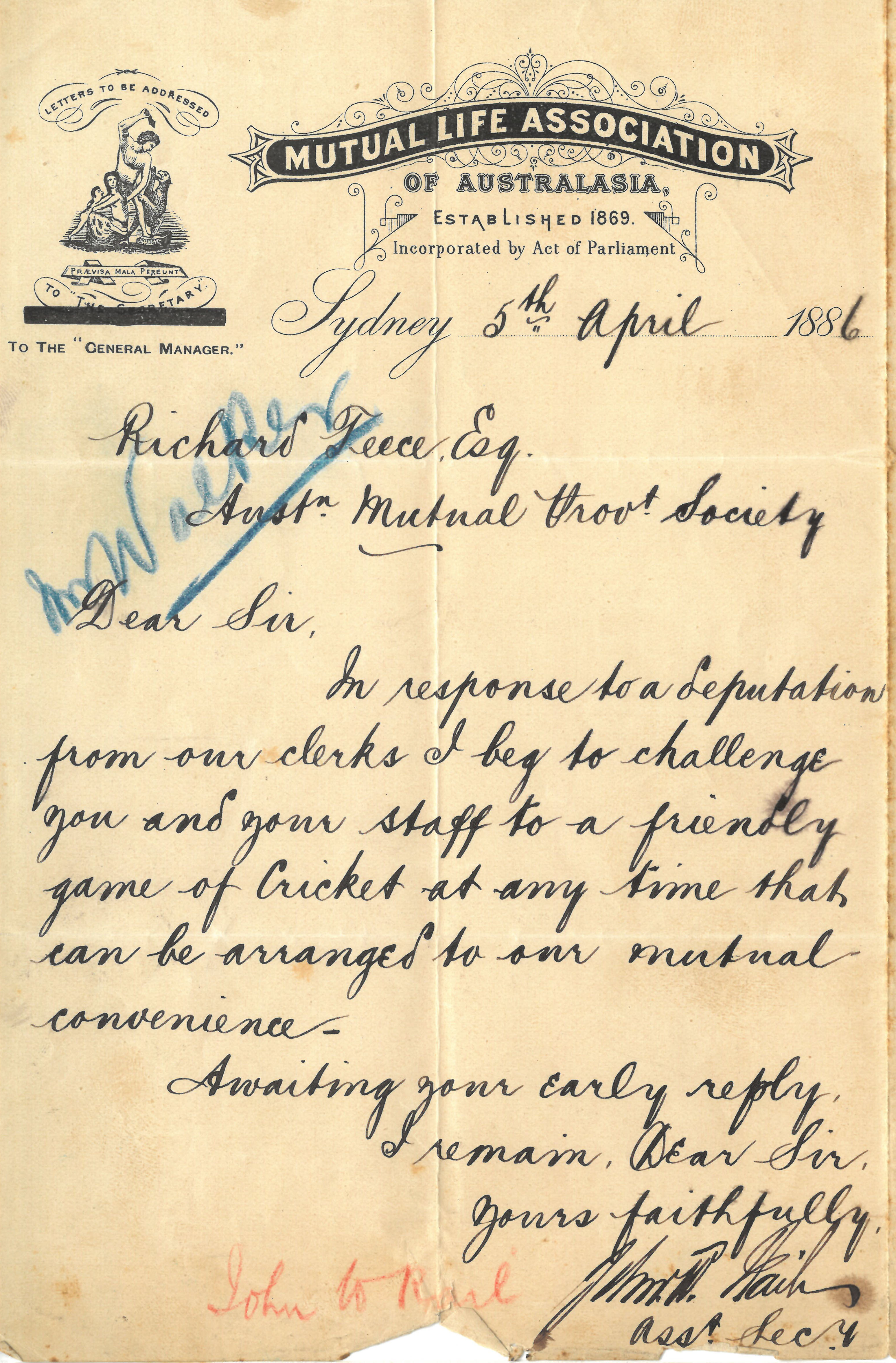 Letter from the Assistant Secretary of the Mutual Life Association of Australasia inviting AMP to a cricket match, 1886 (N434-1259).