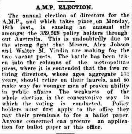 Newspaper notice regarding the AMP Board Election, The Northern Star, 14 April 1921.