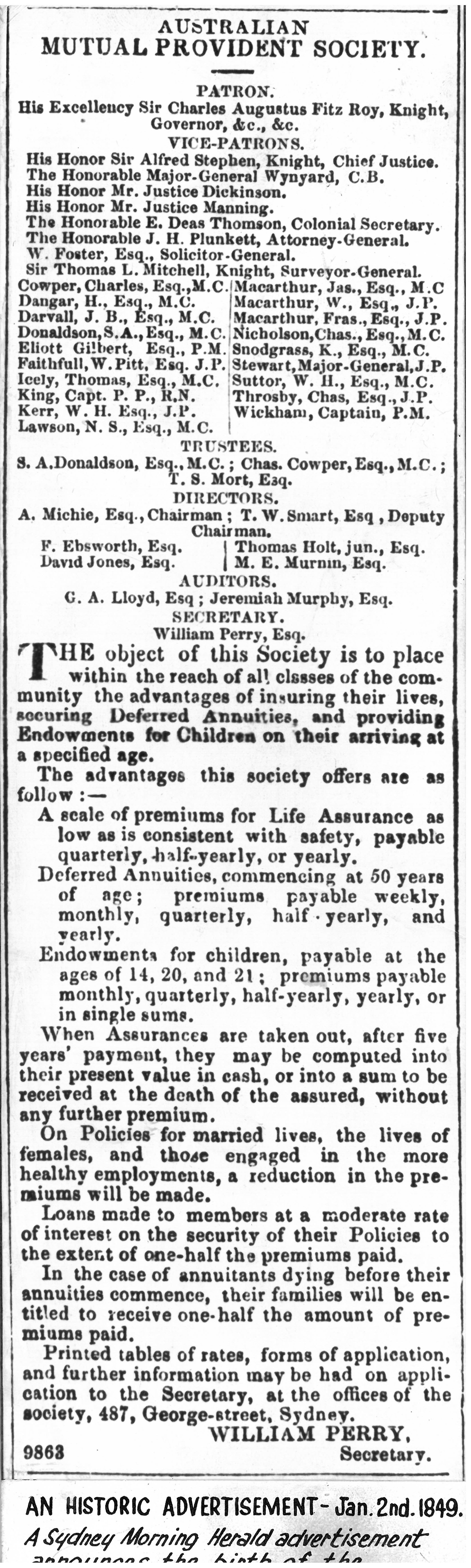 Advertisement for the Australian Mutual Provident Society in the Sydney Morning Herald, 2 January 1849 (N434-1287)