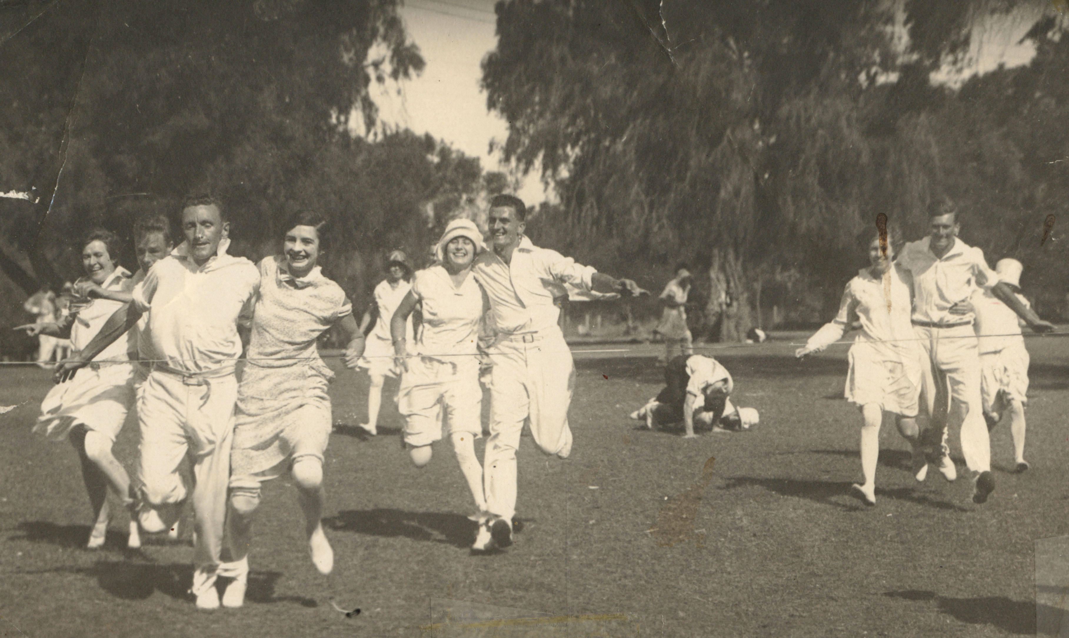 Staff in a three-legged race at the AMP Western Australia Branch picnic, Perth, Western Australia, 1928 (N434-1401). 