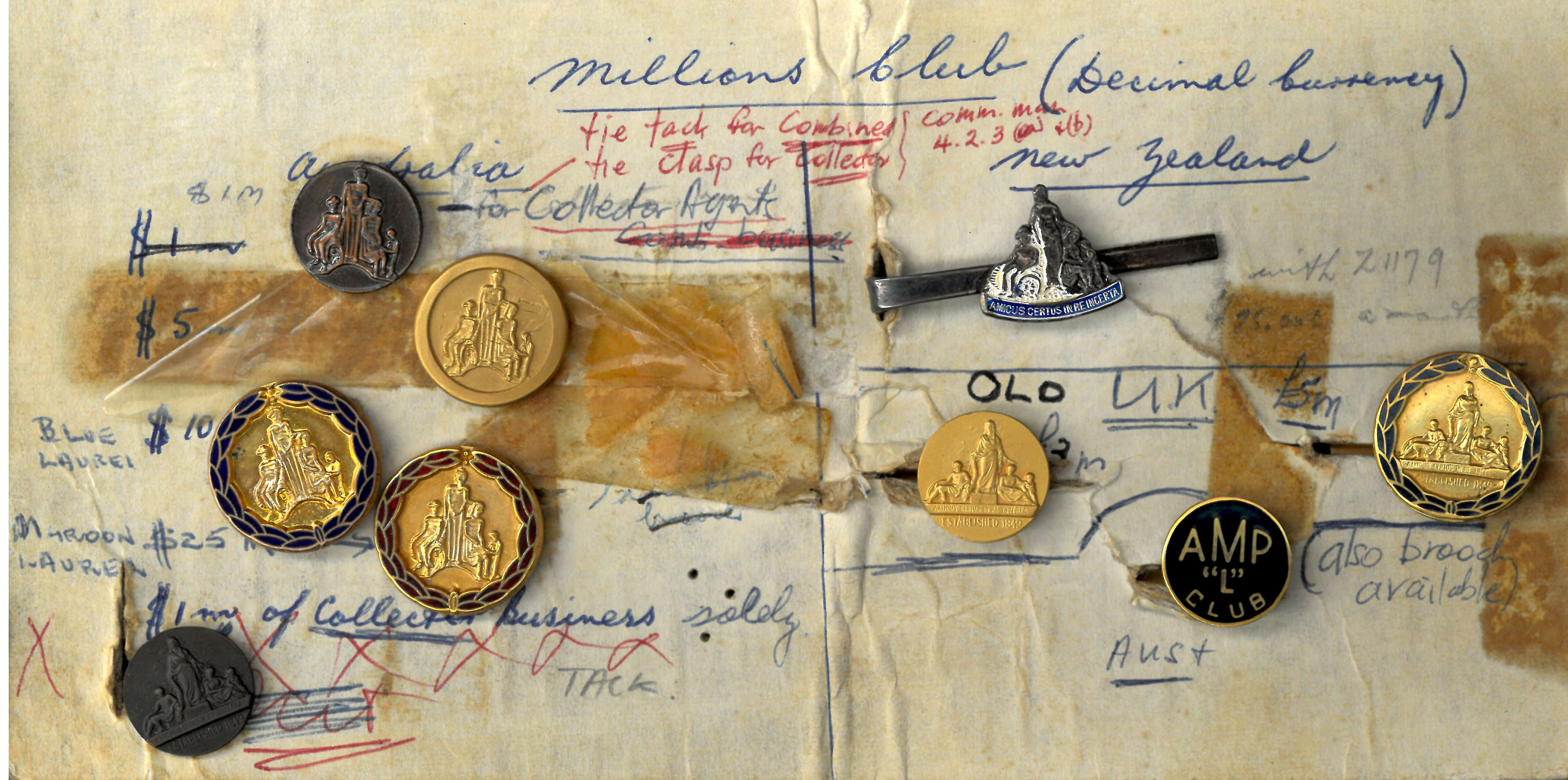 Millions Club badges awarded to AMP New Zealand agents who had brought in over $1 million of business to the Society, undated 