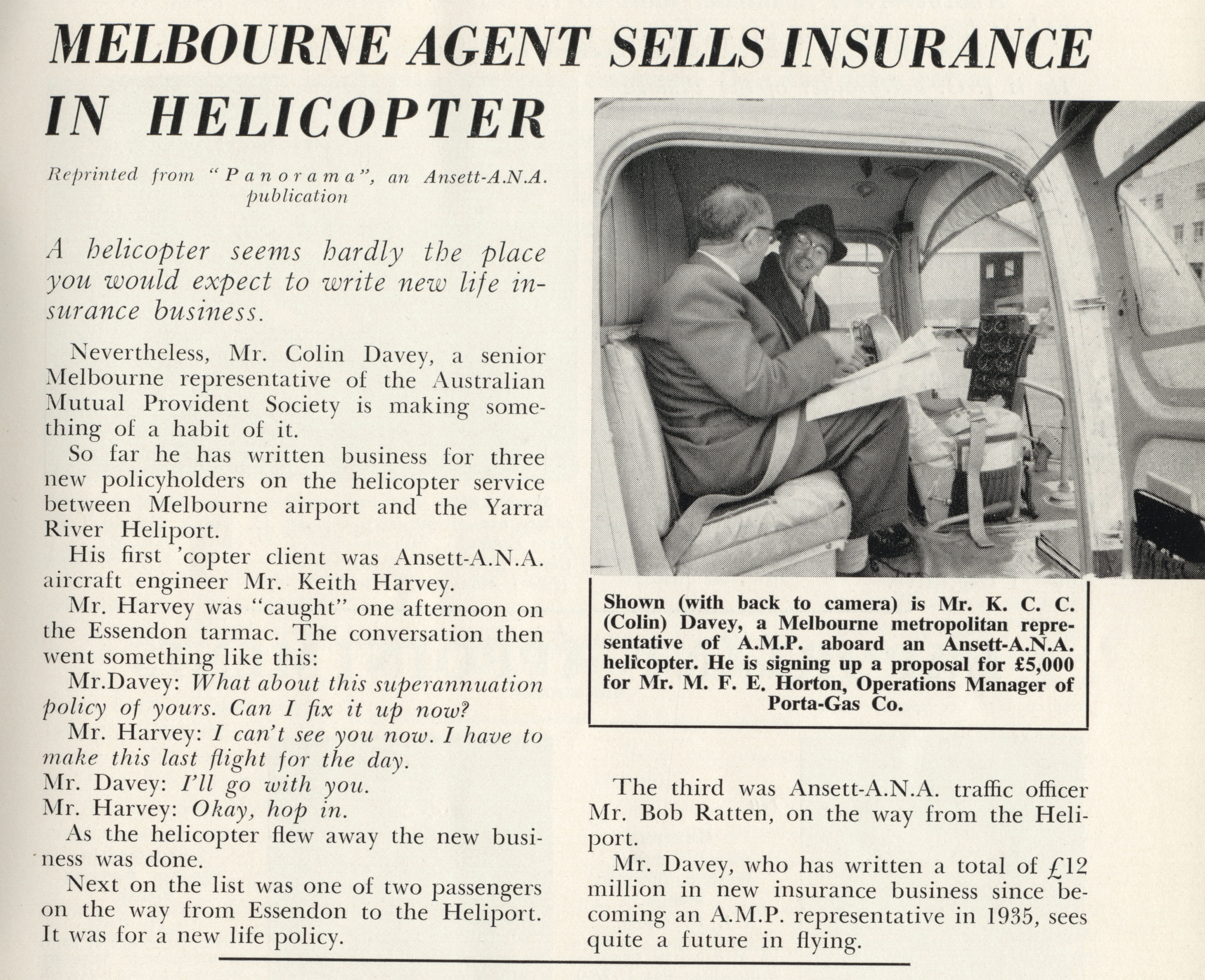 Article about AMP agent Colin Davey selling insurance in a helicopter, December 1961 (N434)