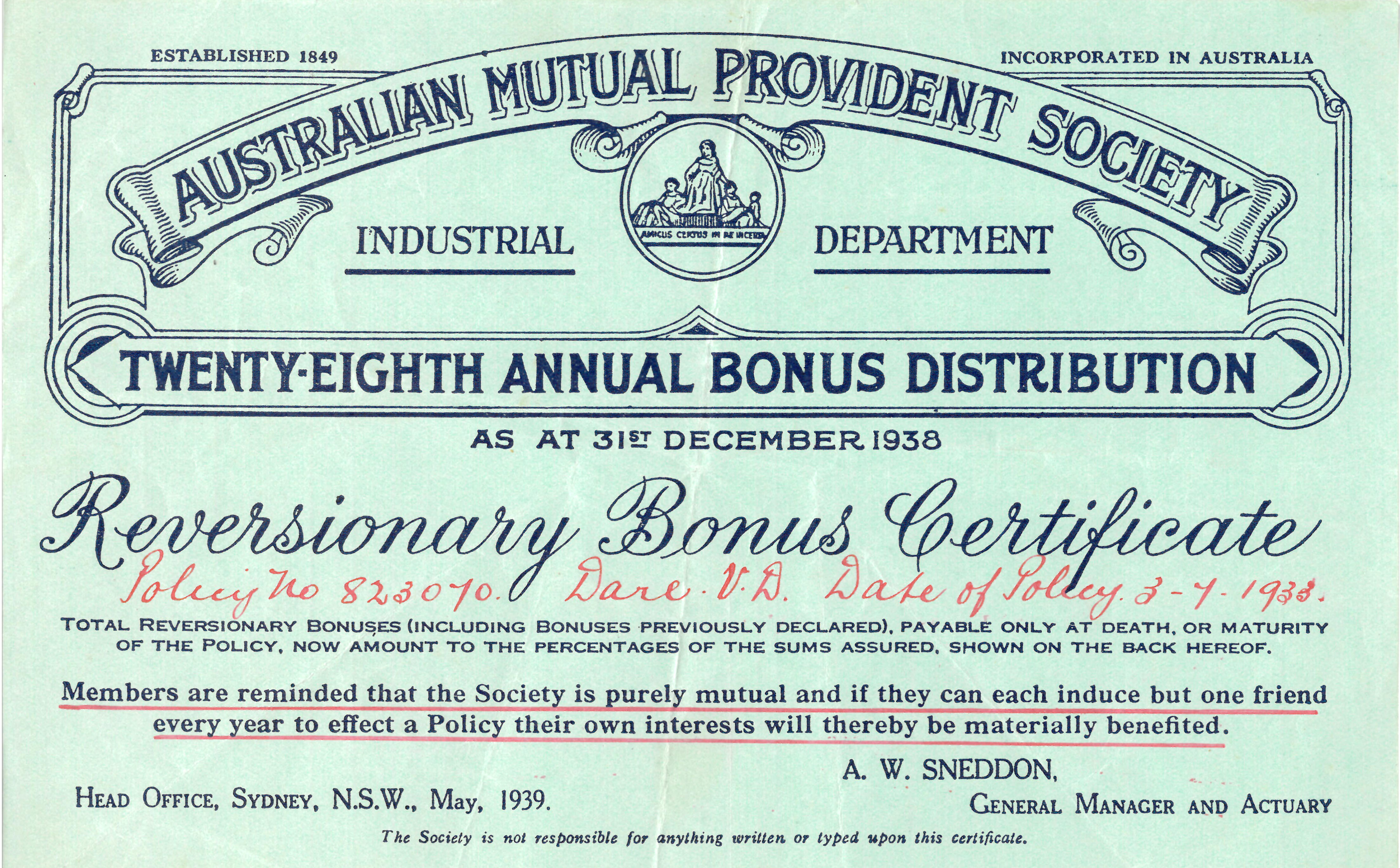 Annual bonus distribution certificate for policyholder V.D. Dare, 3 July 1938 (N434-923).