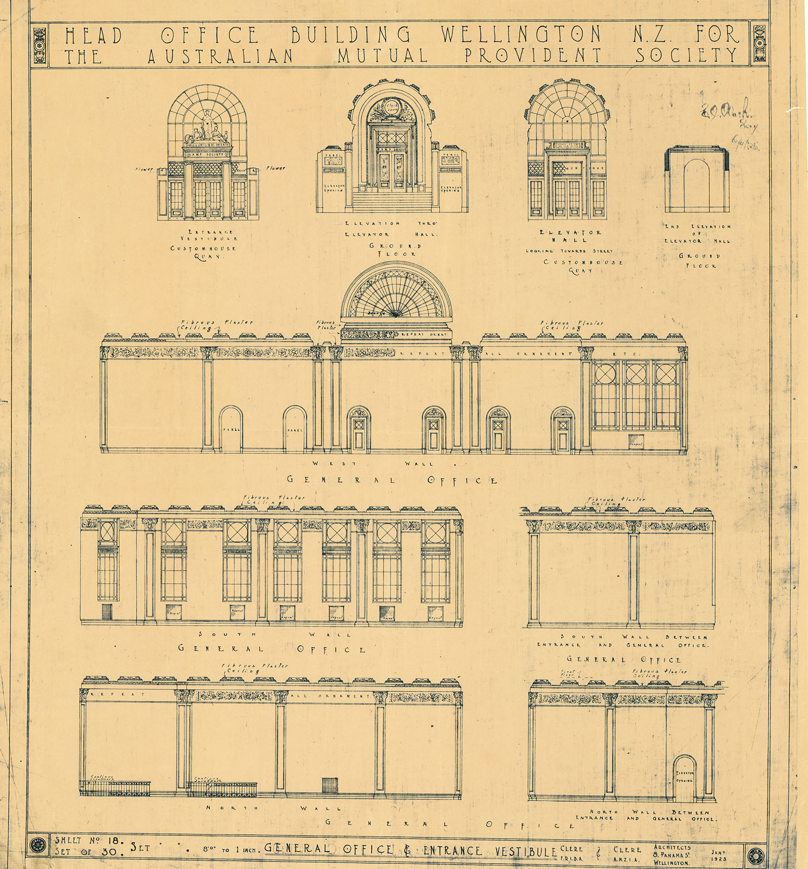 Architectural drawing of AMP Office, Wellington, New Zealand, 1925, Clere & Clere Architects (N434-1481).