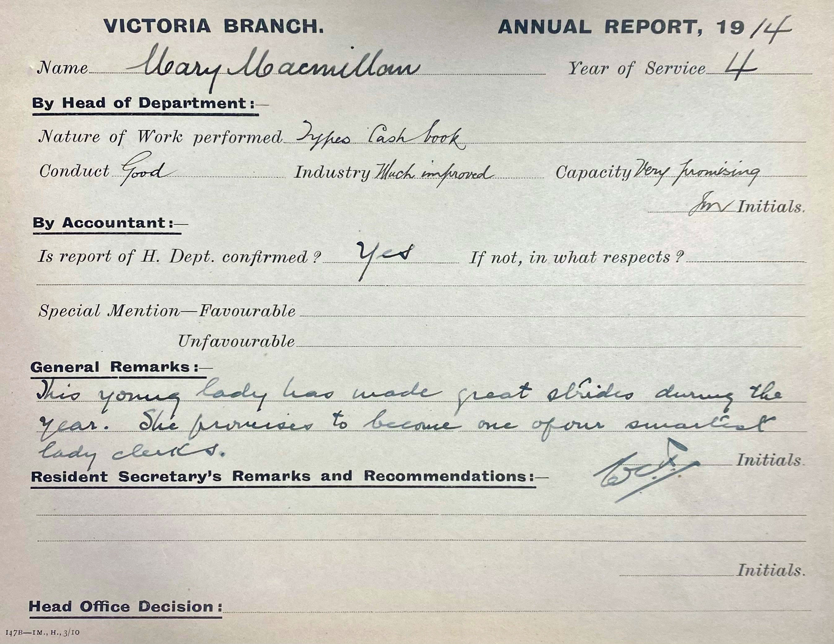 Employee report for Mary Macmillan, 1914 (N434).