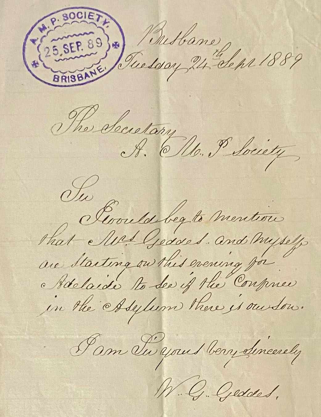 Letter from William Goodwin Geddes Snr to AMP advising of trip to Adelaide to visit his son, 24 September 1889 (N434).