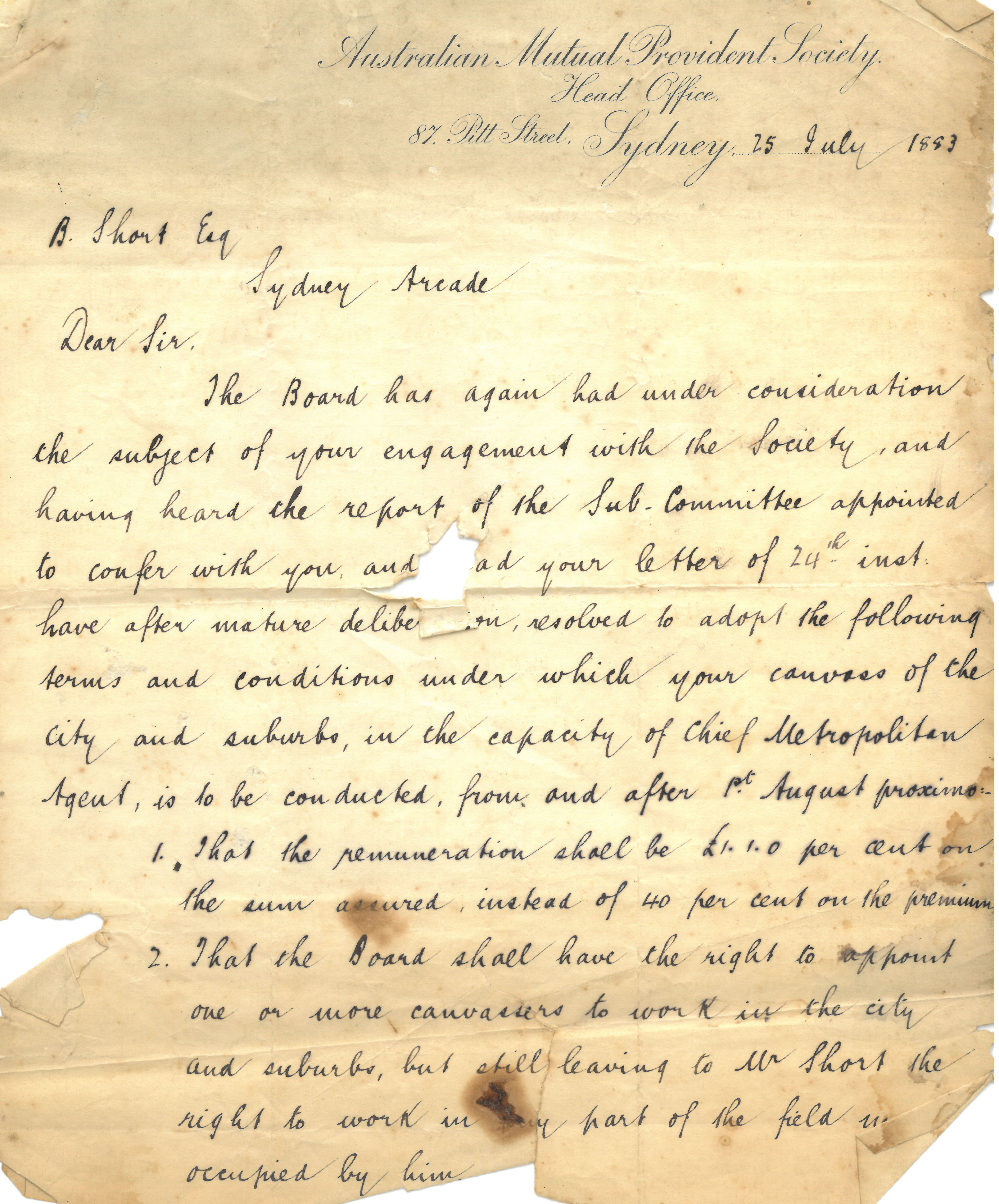 Letter to agent Benjamin Short from the AMP Board regarding his employment, 25 July 1893 (N434).