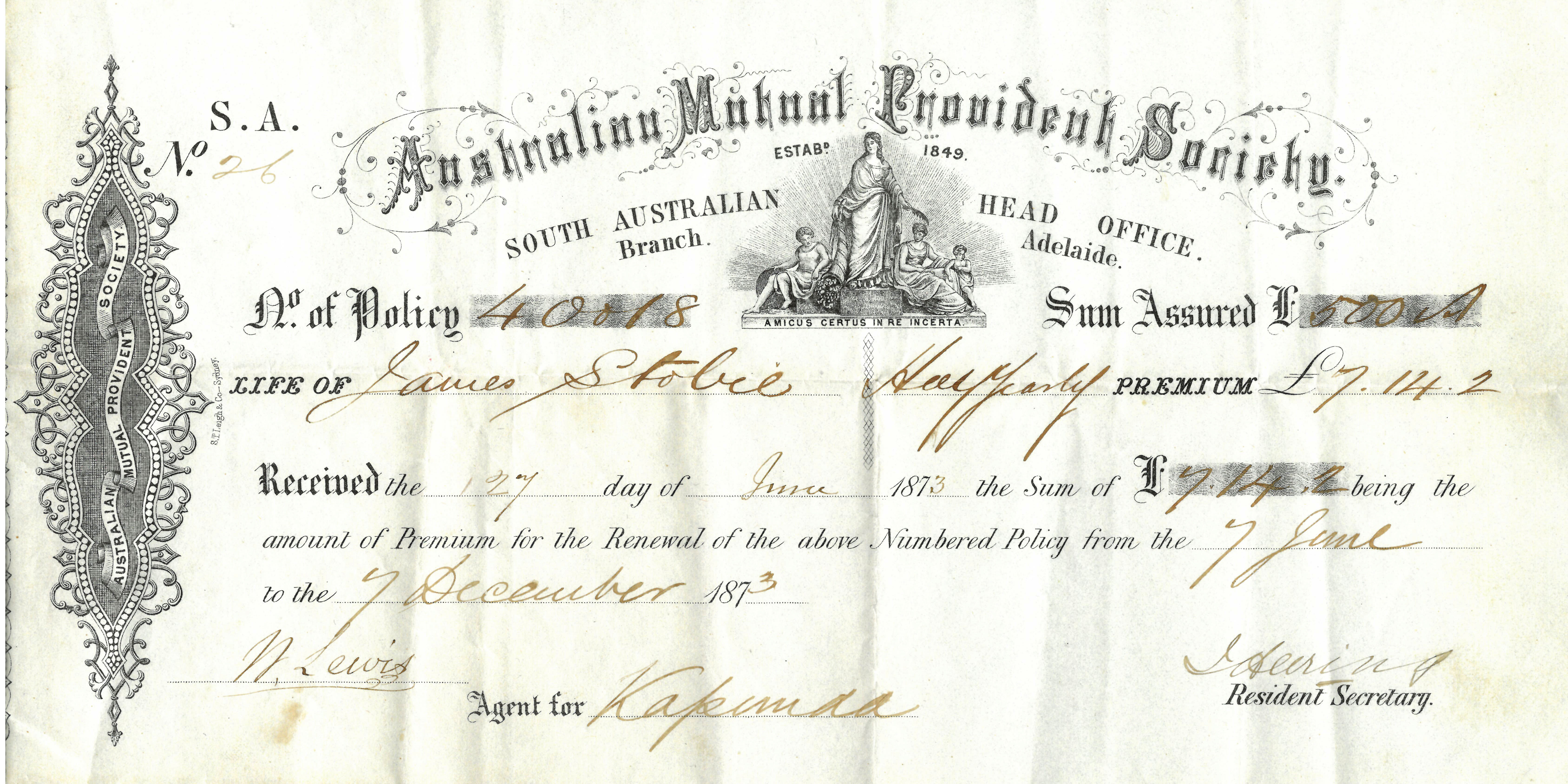 Receipt for payment of policy for James Scobie, South Australia, 1873 (N434-1279).