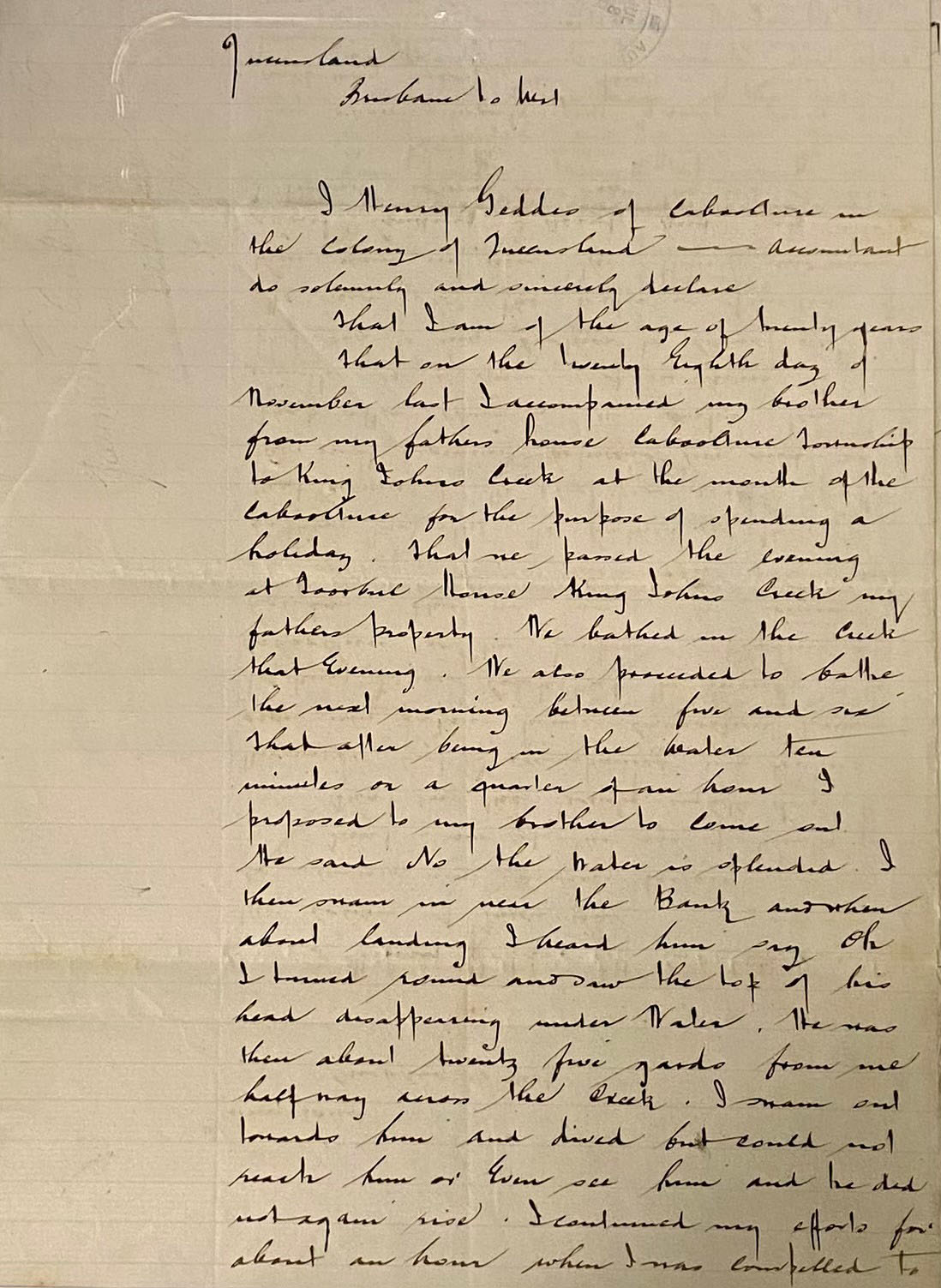 Statement made by Henry Geddes regarding the disappearance of his brother William Goodwin Geddes Jnr, c. 1877 (N434-687).