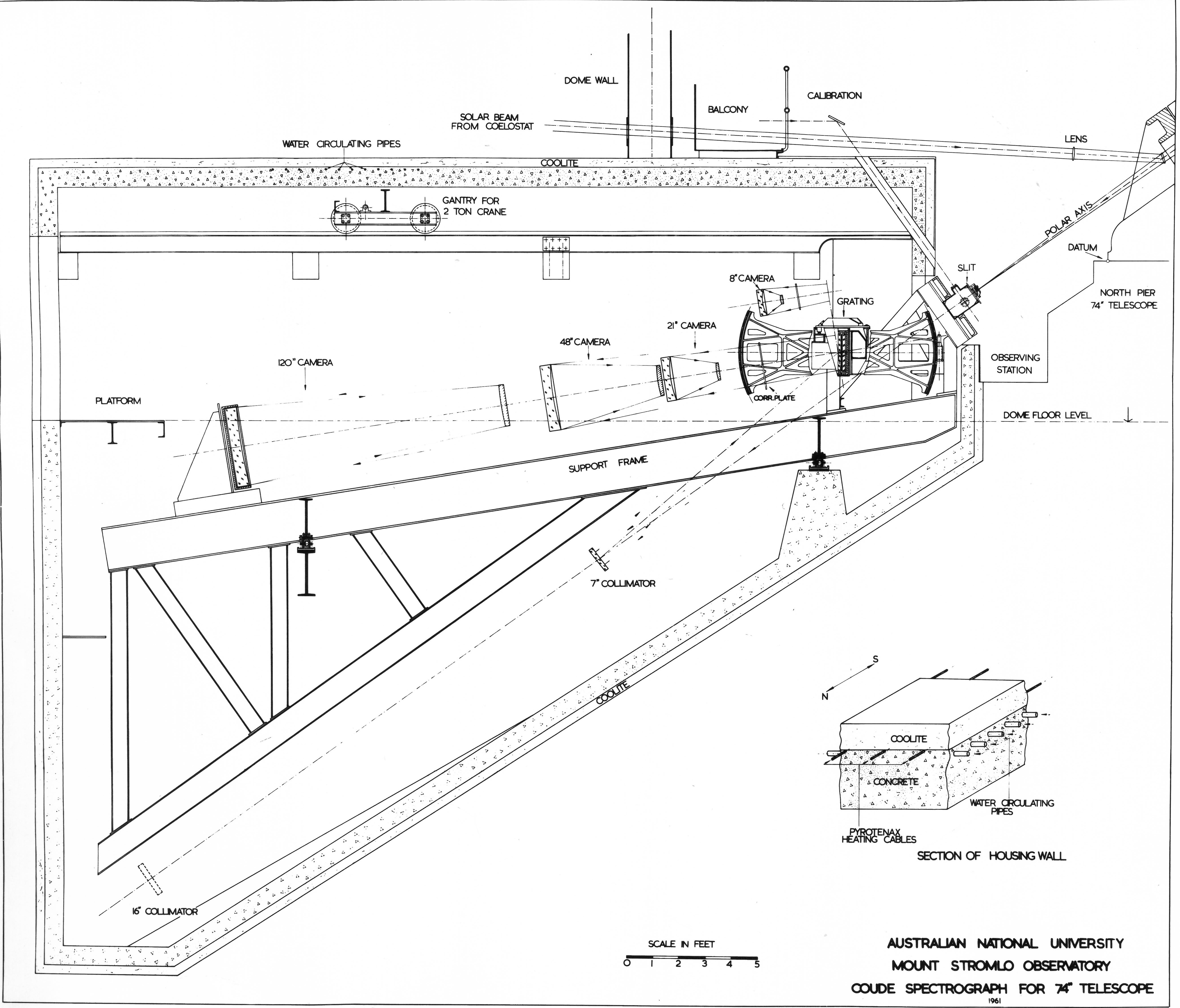 Drawing of Coude Spectrograph for the 74-inch Telescope at Mount Stromlo Observatory, 1961 (ANUA744-132).