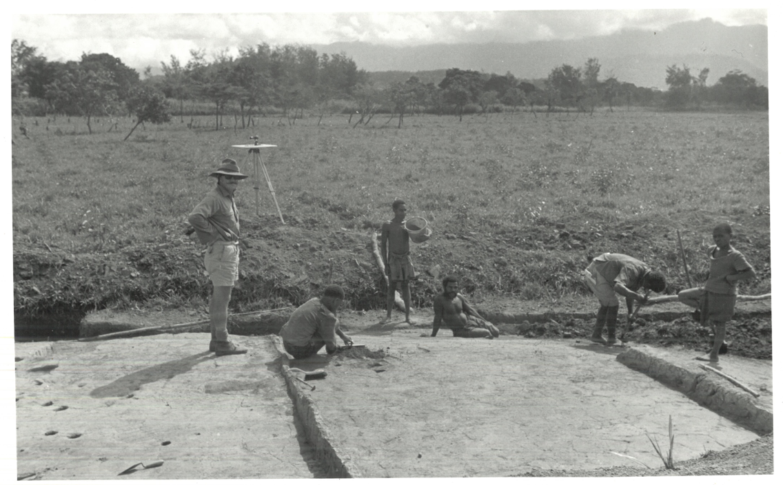 Black and white photo of archaeological excavation