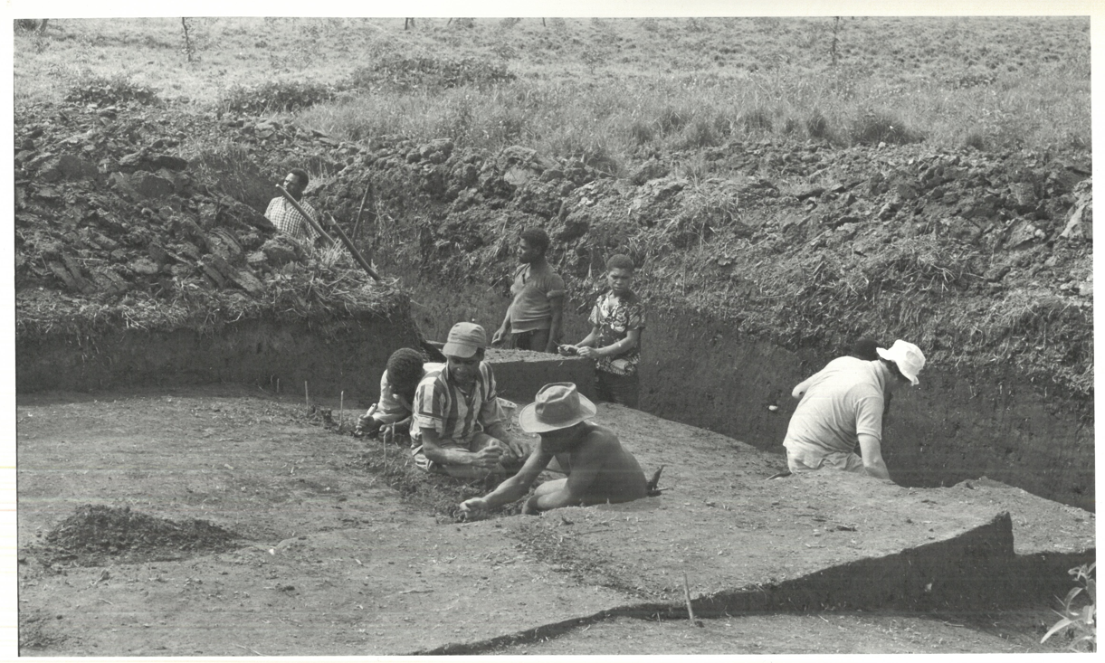 Black and white photo of archaeological excavation